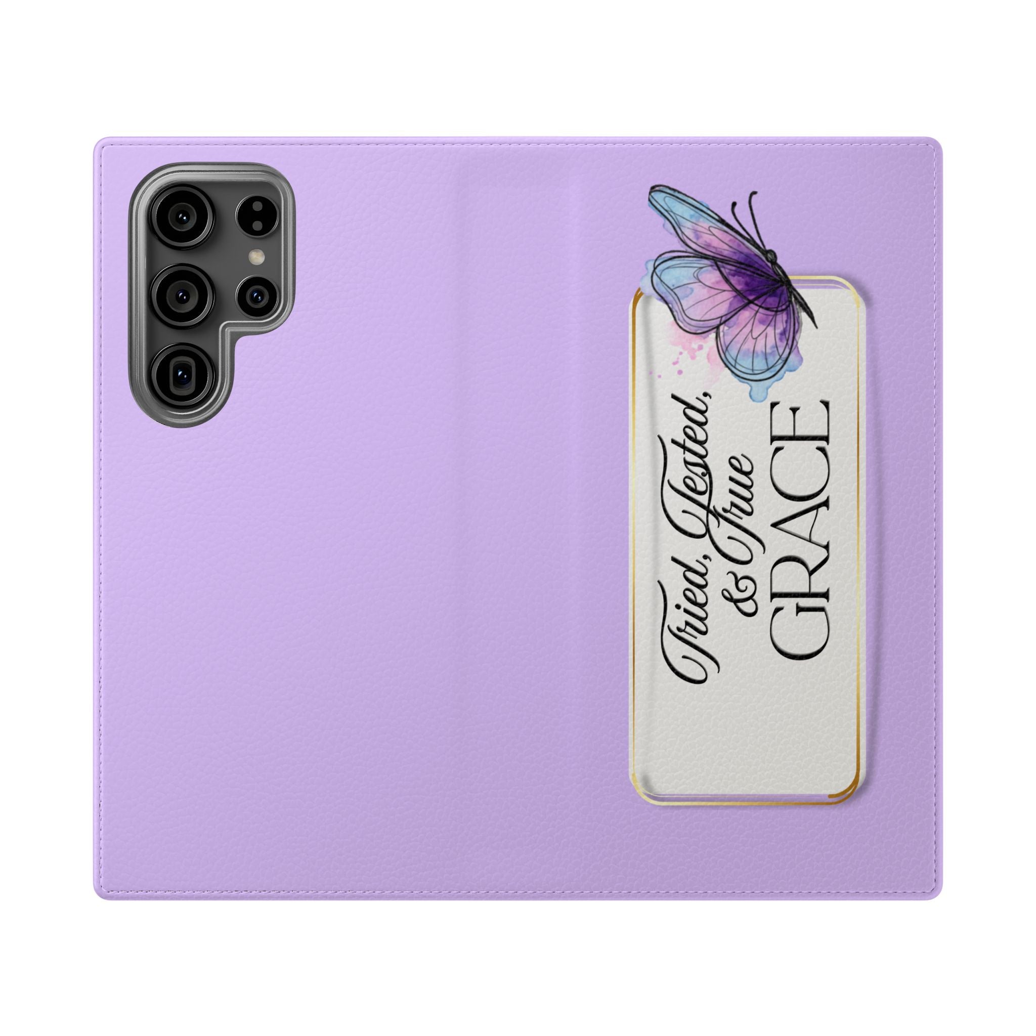 Lavender Flip Phone Case – “Tried, Tested, God’s Given Grace” Wallet Cover