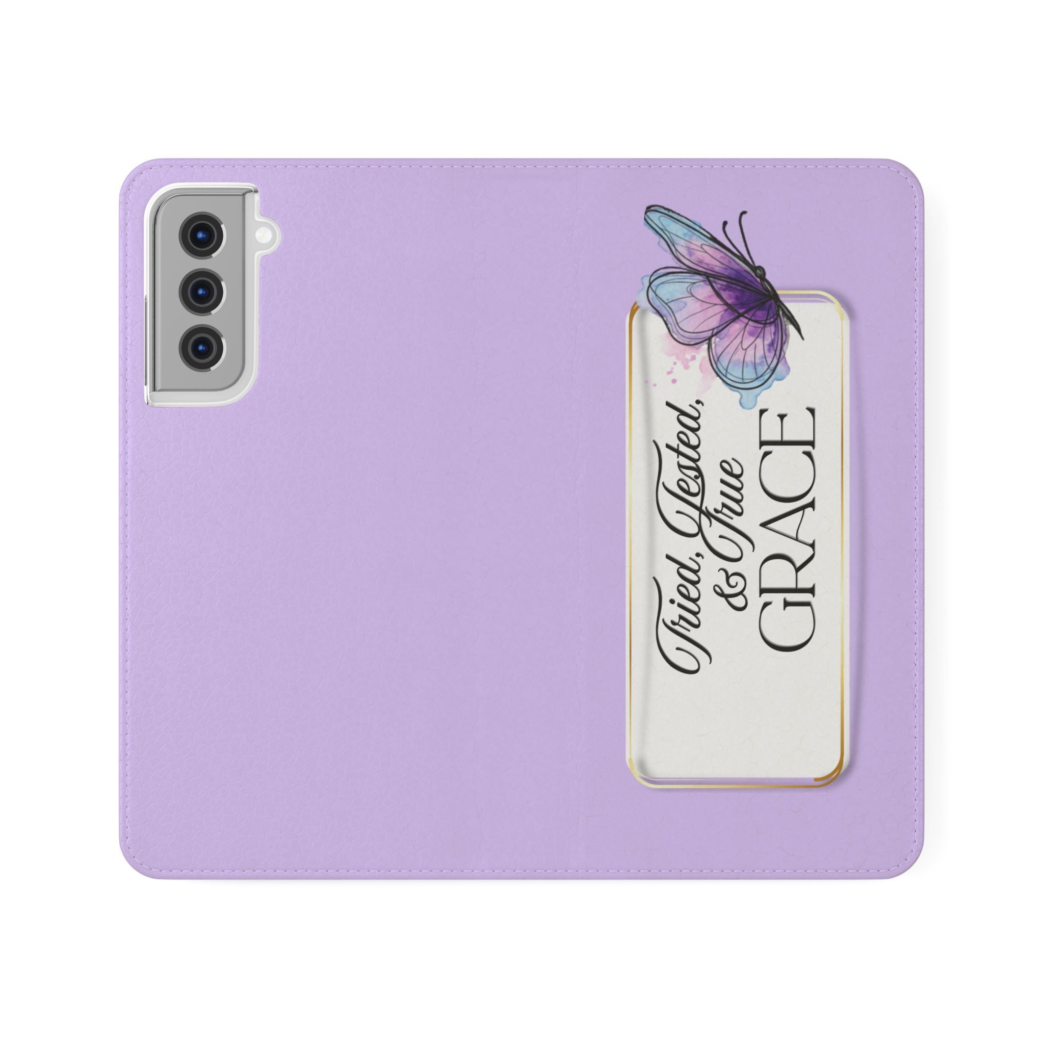 Lavender Flip Phone Case – “Tried, Tested, God’s Given Grace” Wallet Cover