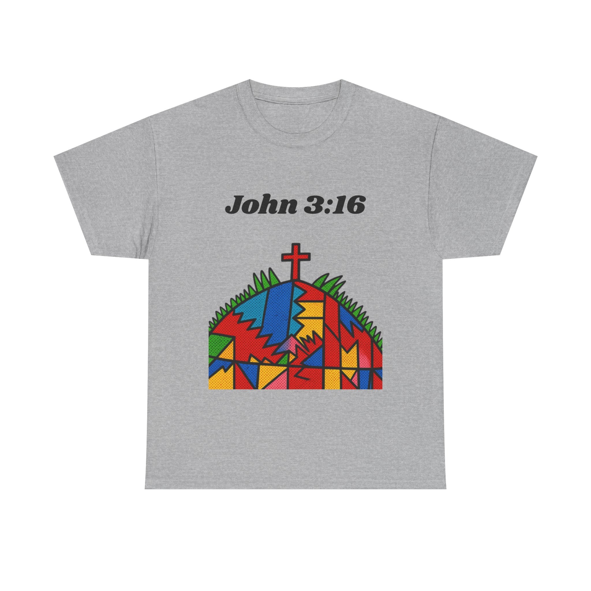 John 3:16 Christian T‑Shirt — Colorful Cross & Hill Faith Tee