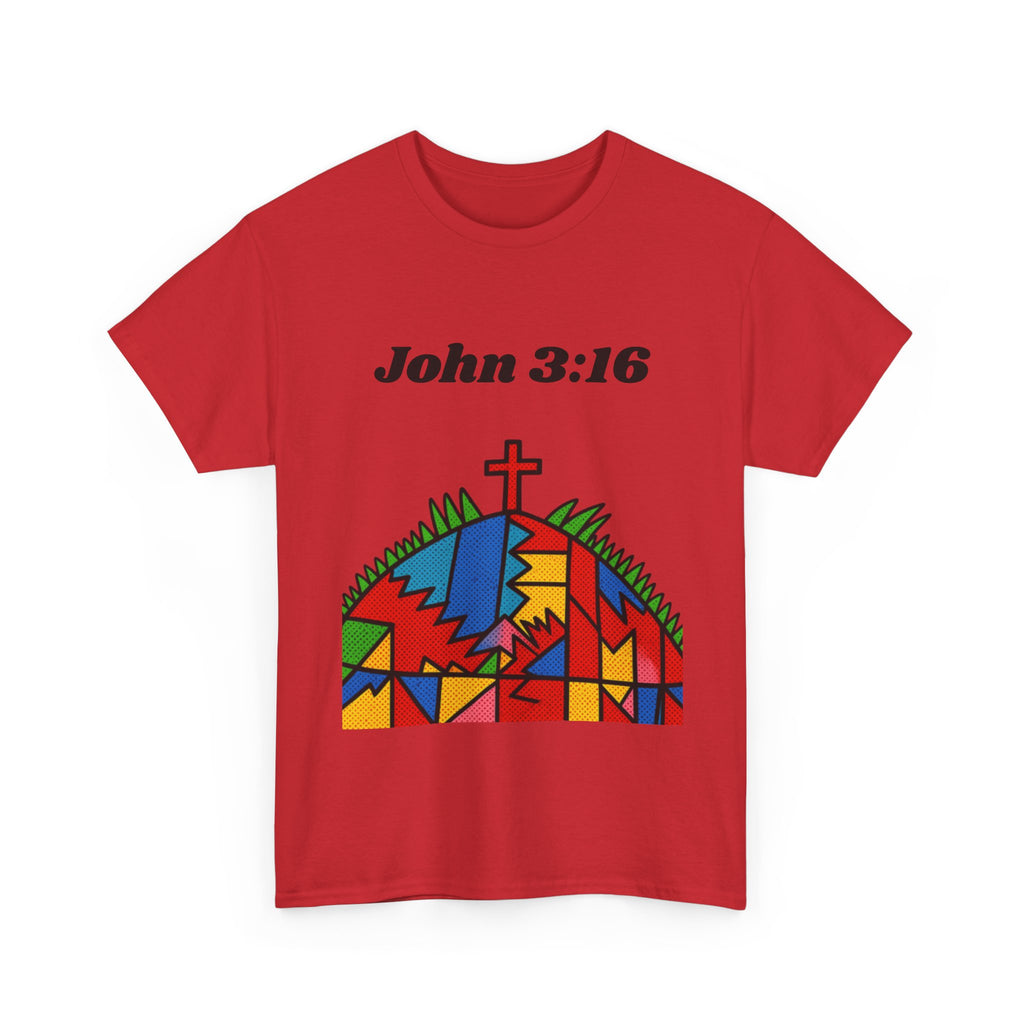 John 3:16 Christian T‑Shirt — Colorful Cross & Hill Faith Tee