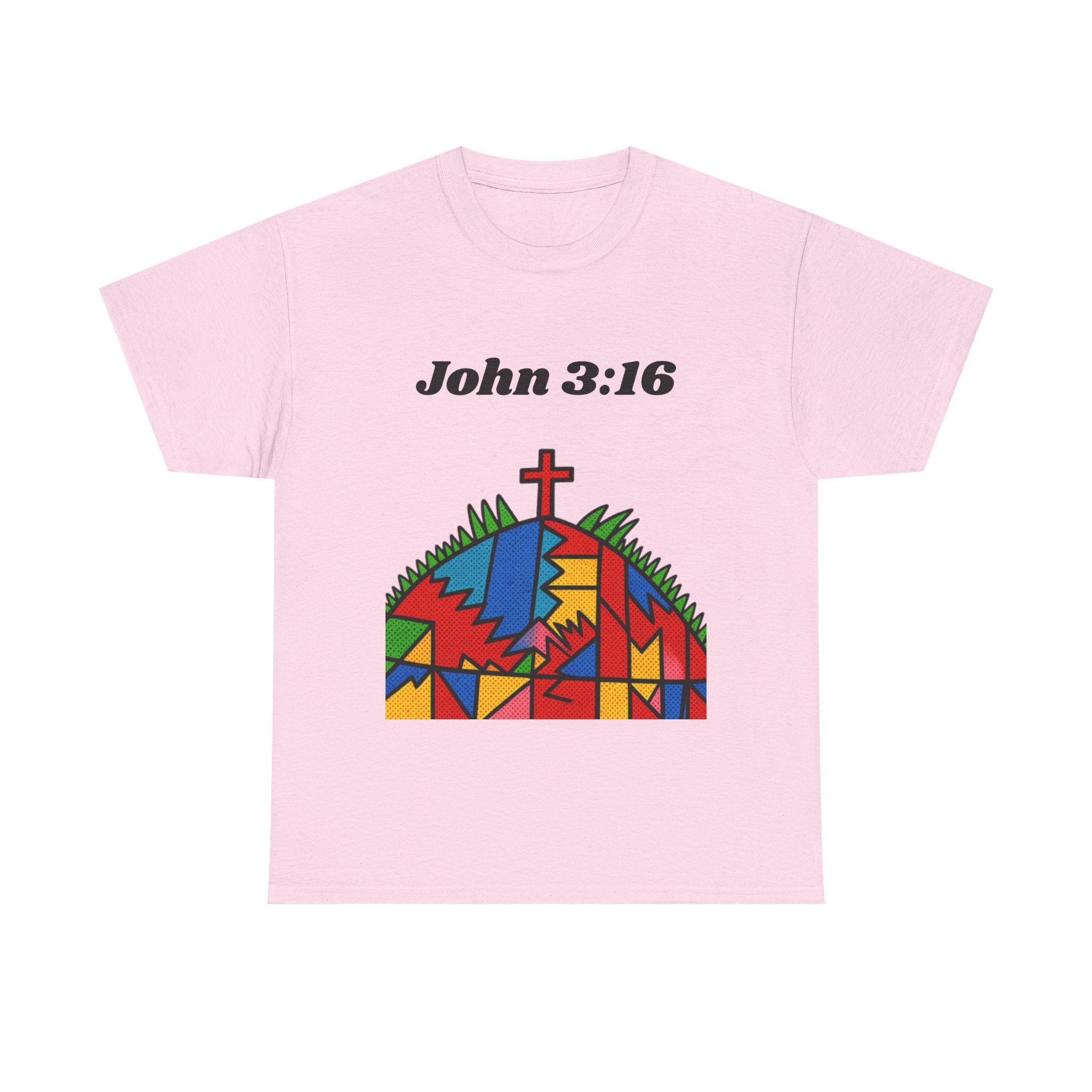 John 3:16 Christian T‑Shirt — Colorful Cross & Hill Faith Tee