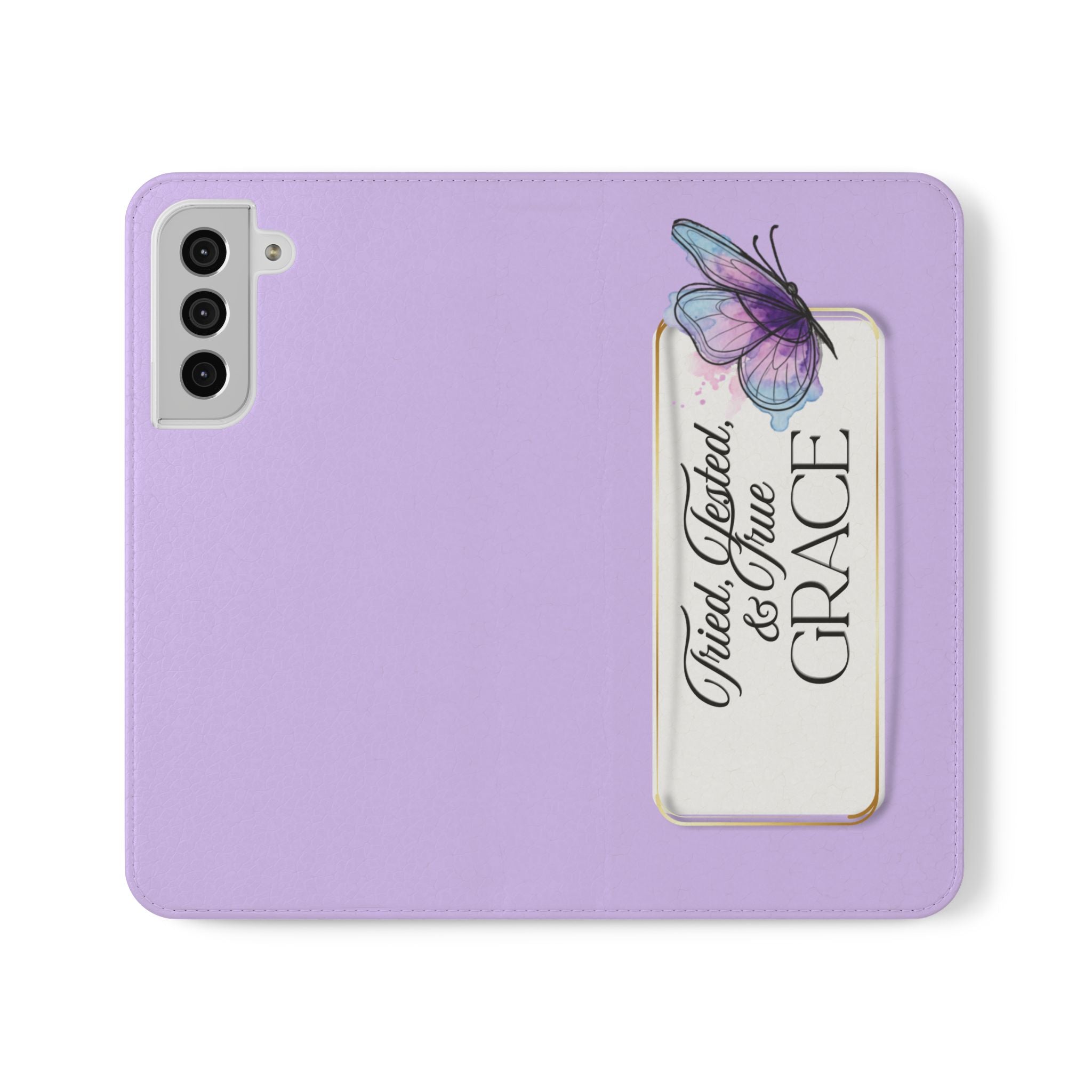 Lavender Flip Phone Case – “Tried, Tested, God’s Given Grace” Wallet Cover