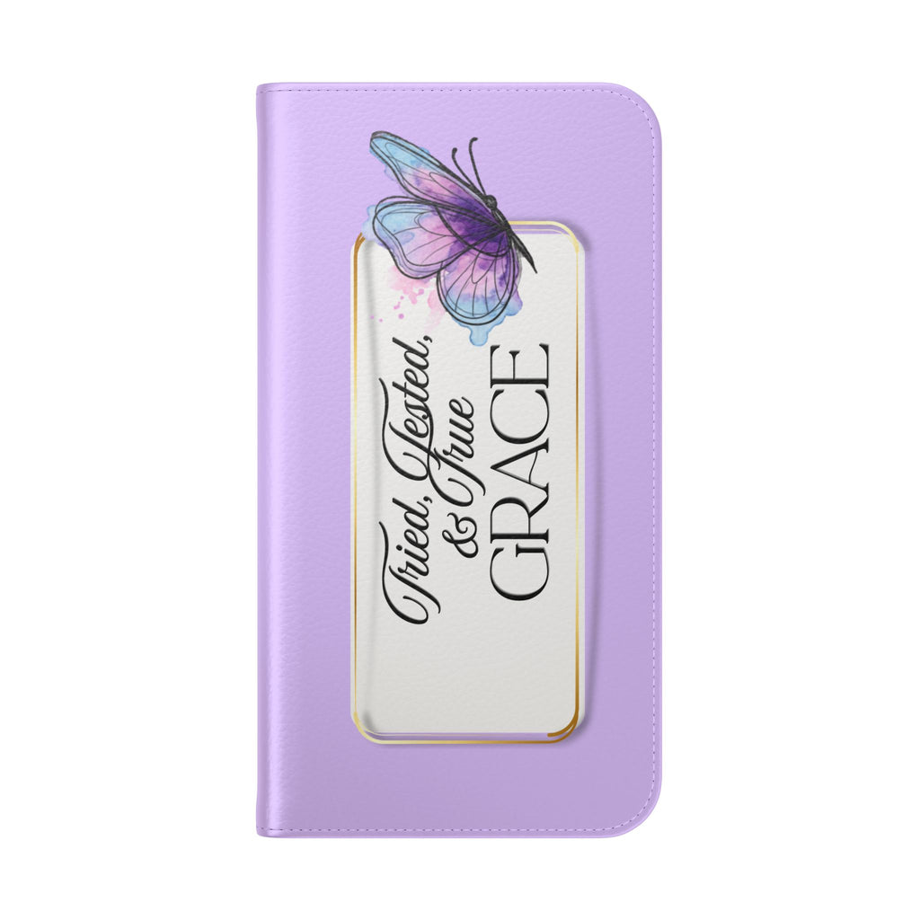 Lavender Flip Phone Case – “Tried, Tested, God’s Given Grace” Wallet Cover