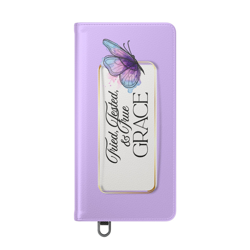 Lavender Flip Phone Case – “Tried, Tested, God’s Given Grace” Wallet Cover