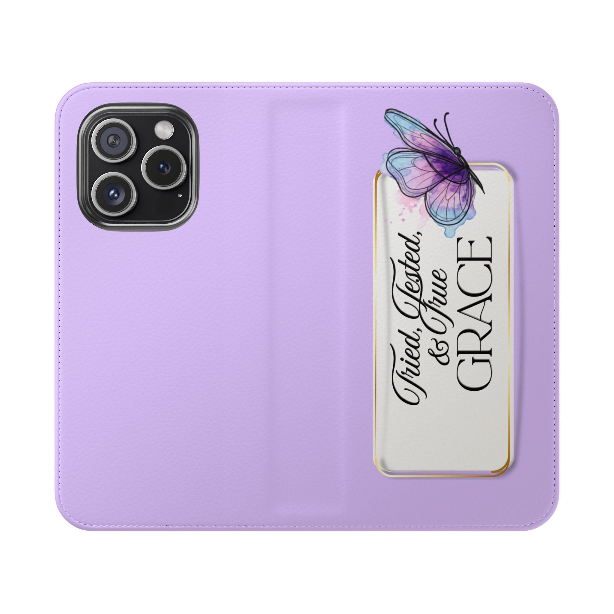 Lavender Flip Phone Case – “Tried, Tested, God’s Given Grace” Wallet Cover