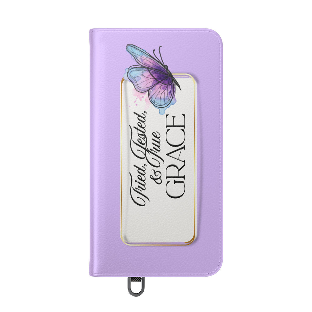 Lavender Flip Phone Case – “Tried, Tested, God’s Given Grace” Wallet Cover