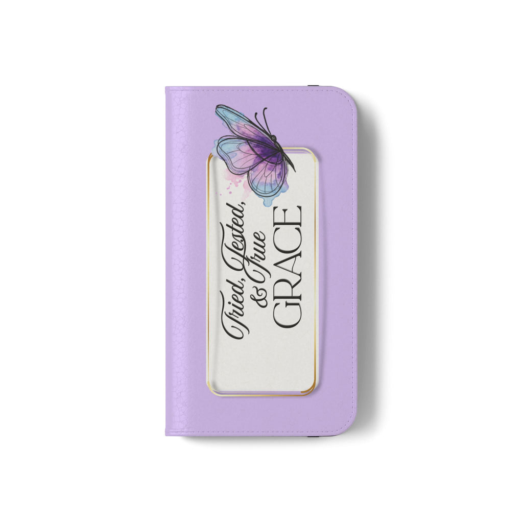 Lavender Flip Phone Case – “Tried, Tested, God’s Given Grace” Wallet Cover