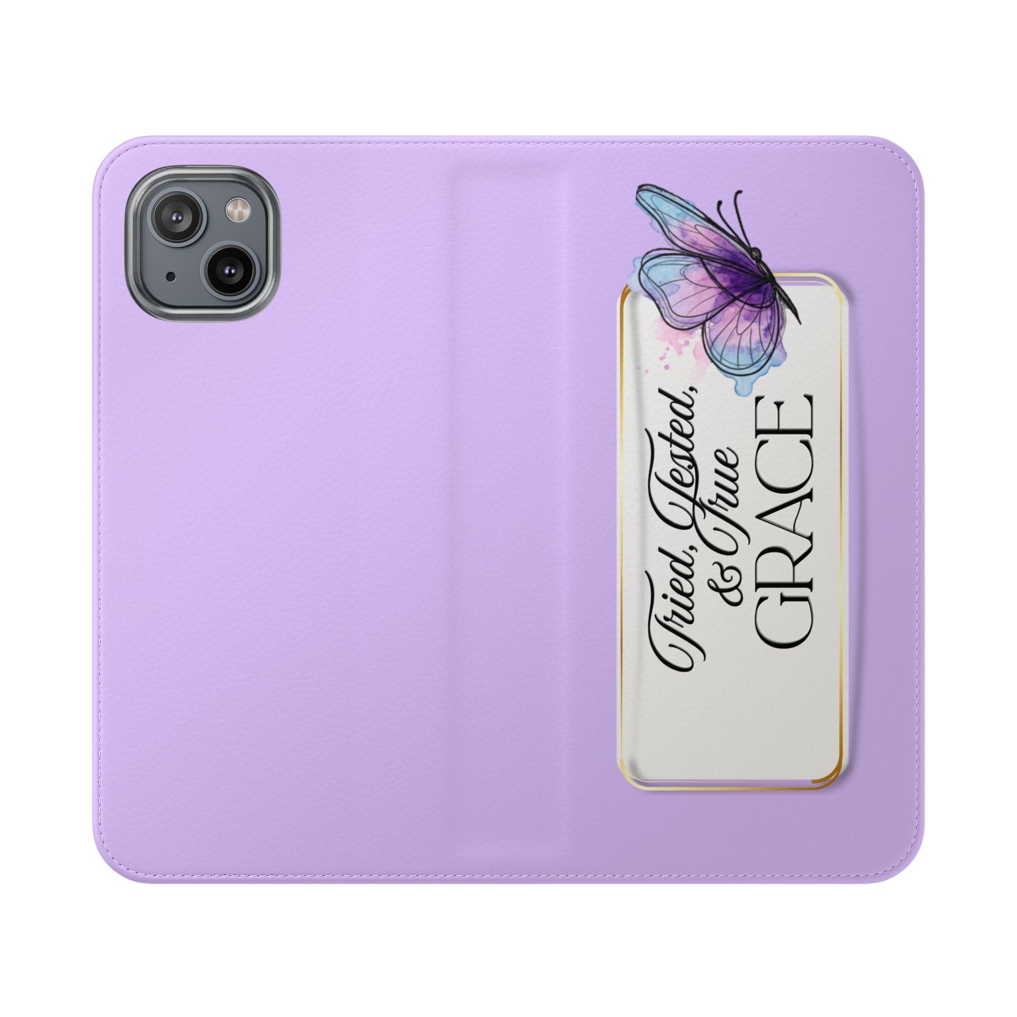 Lavender Flip Phone Case – “Tried, Tested, God’s Given Grace” Wallet Cover