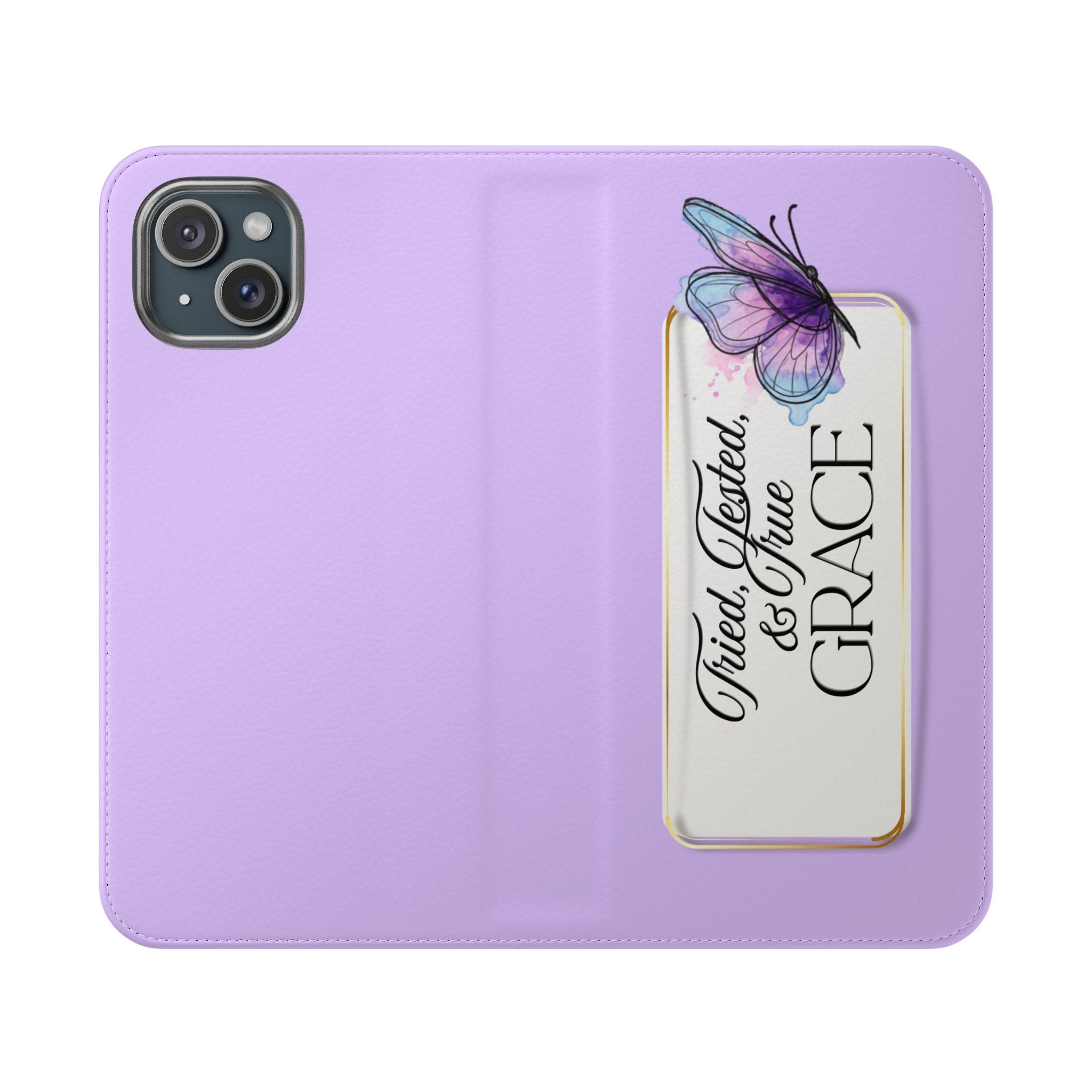 Lavender Flip Phone Case – “Tried, Tested, God’s Given Grace” Wallet Cover