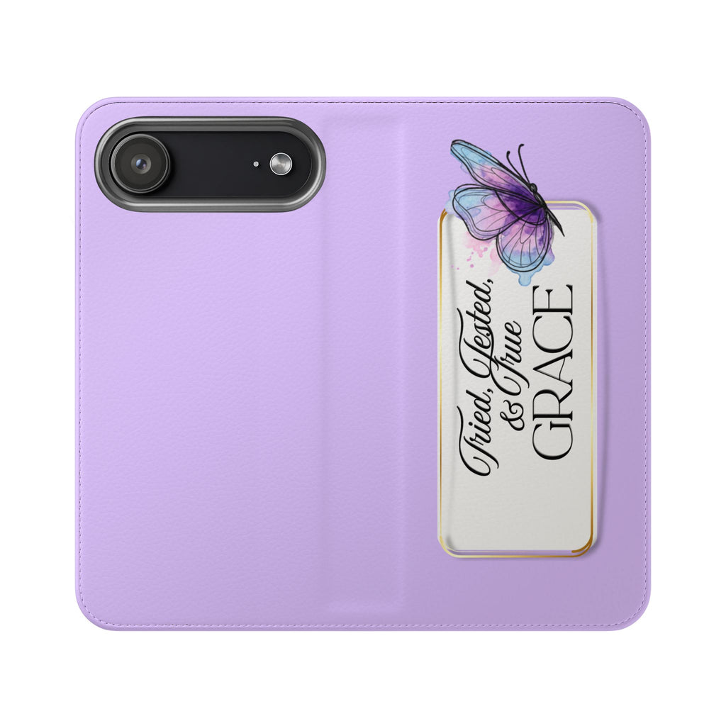 Lavender Flip Phone Case – “Tried, Tested, God’s Given Grace” Wallet Cover