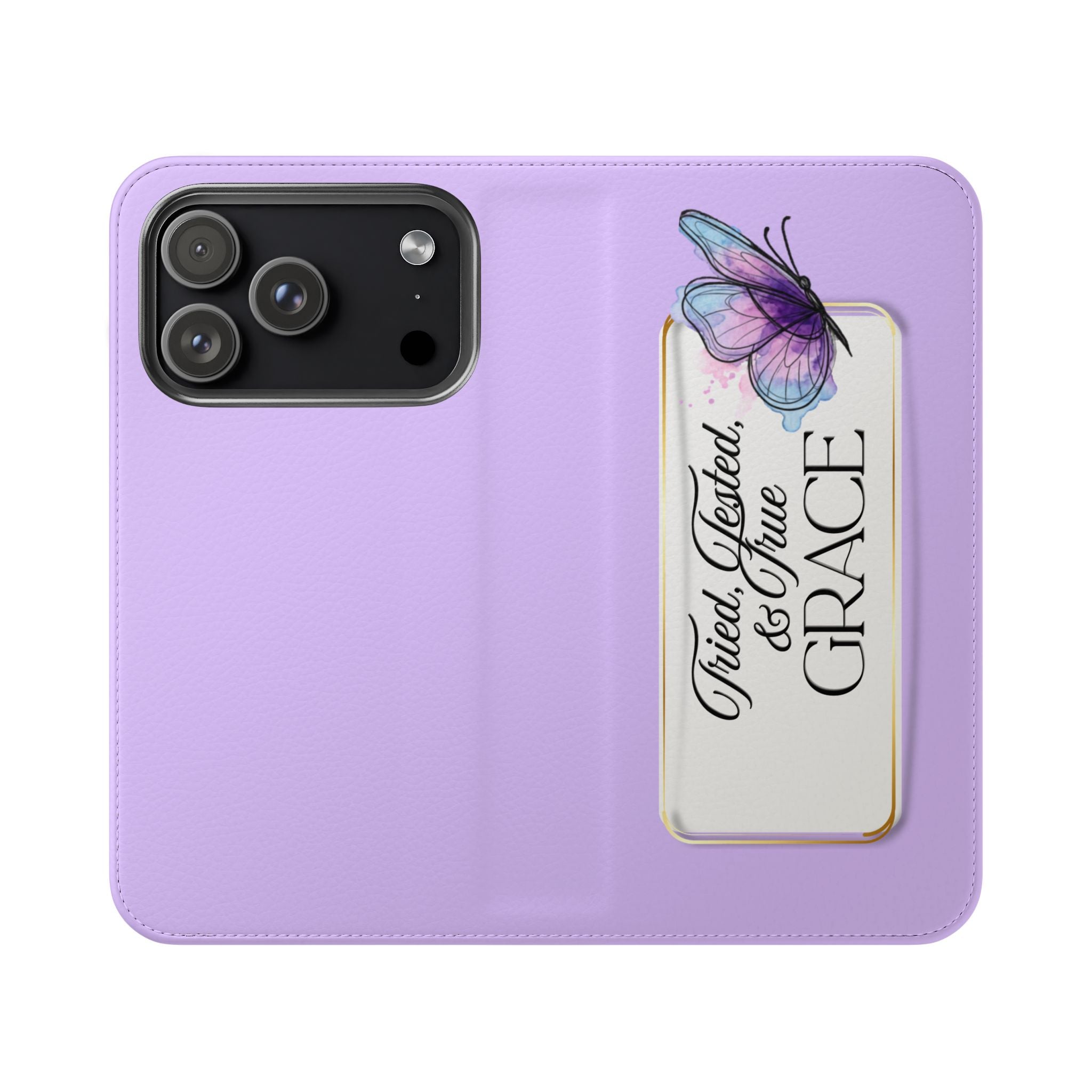 Lavender Flip Phone Case – “Tried, Tested, God’s Given Grace” Wallet Cover