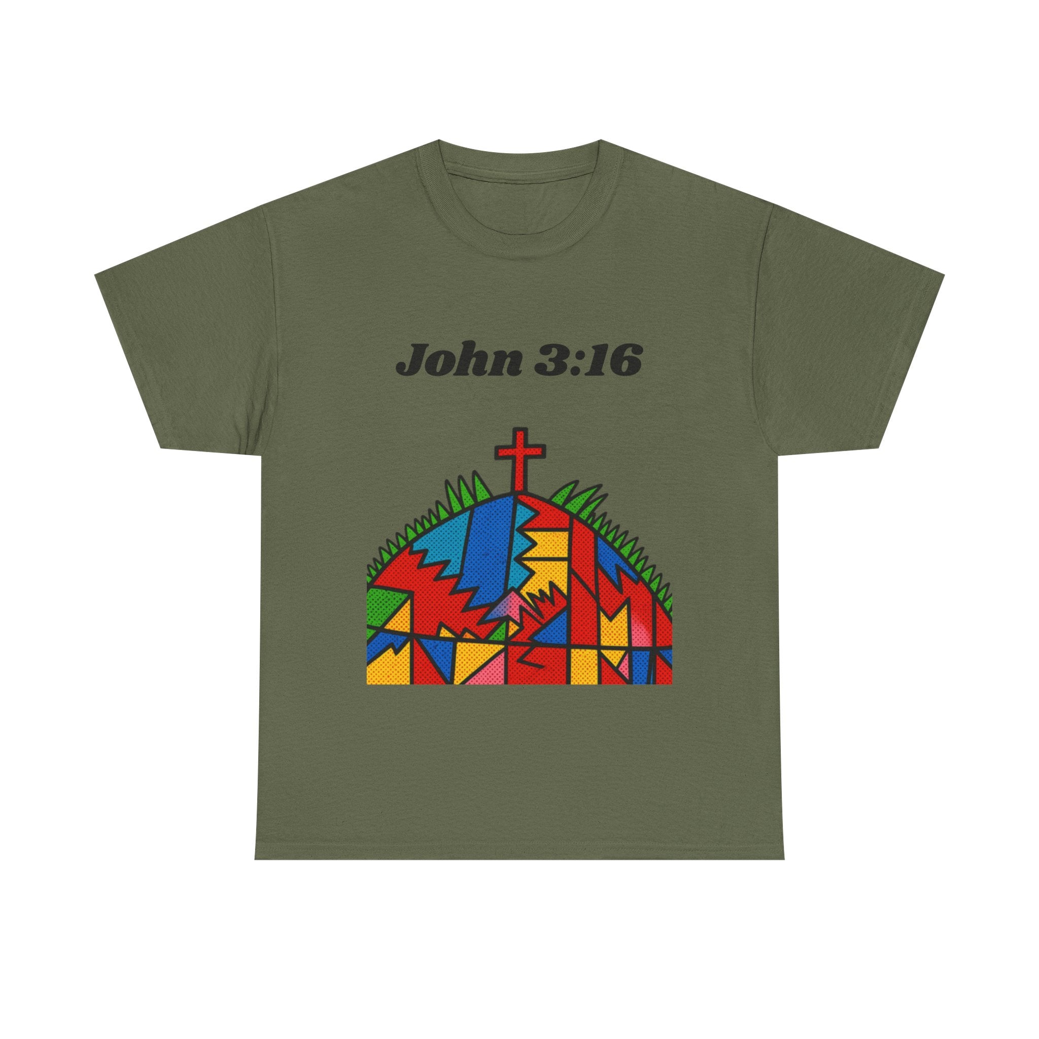 John 3:16 Christian T‑Shirt — Colorful Cross & Hill Faith Tee