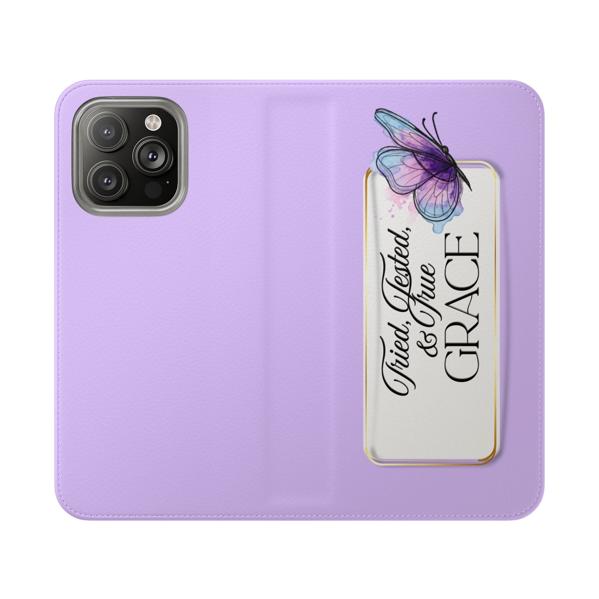 Lavender Flip Phone Case – “Tried, Tested, God’s Given Grace” Wallet Cover