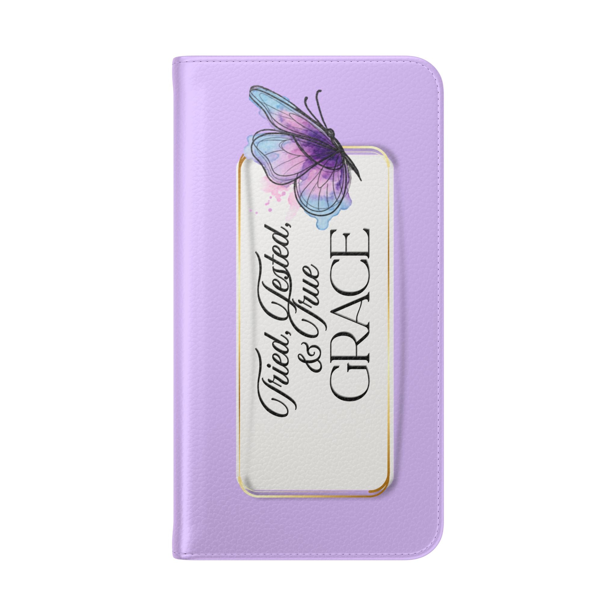 Lavender Flip Phone Case – “Tried, Tested, God’s Given Grace” Wallet Cover