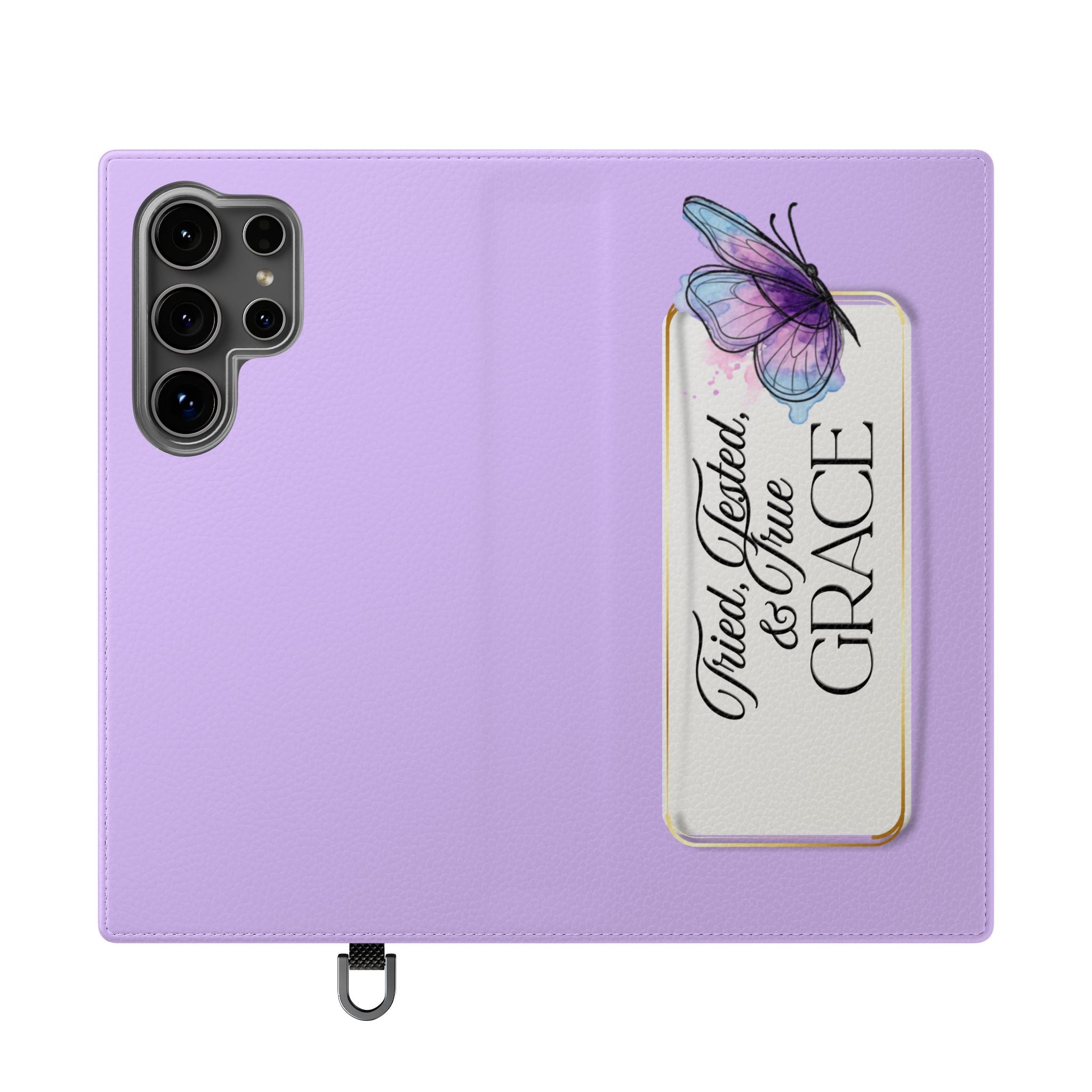 Lavender Flip Phone Case – “Tried, Tested, God’s Given Grace” Wallet Cover