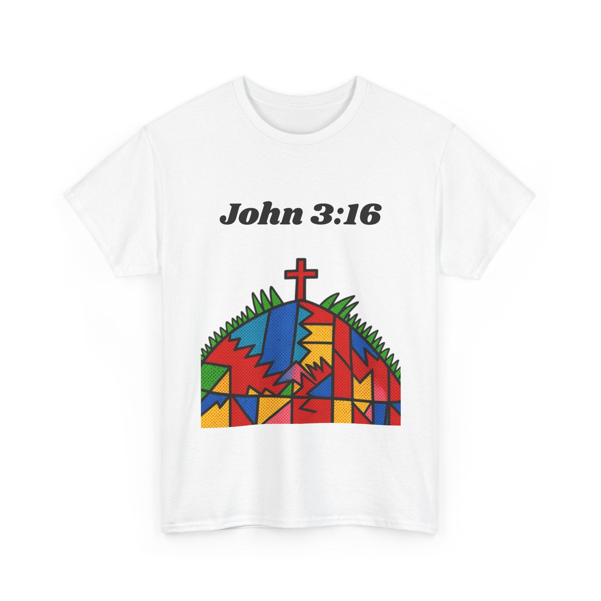 John 3:16 Christian T‑Shirt — Colorful Cross & Hill Faith Tee
