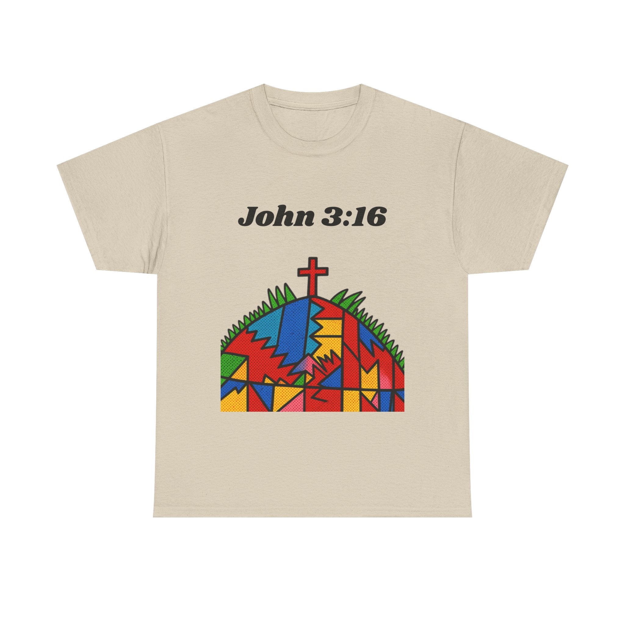 John 3:16 Christian T‑Shirt — Colorful Cross & Hill Faith Tee