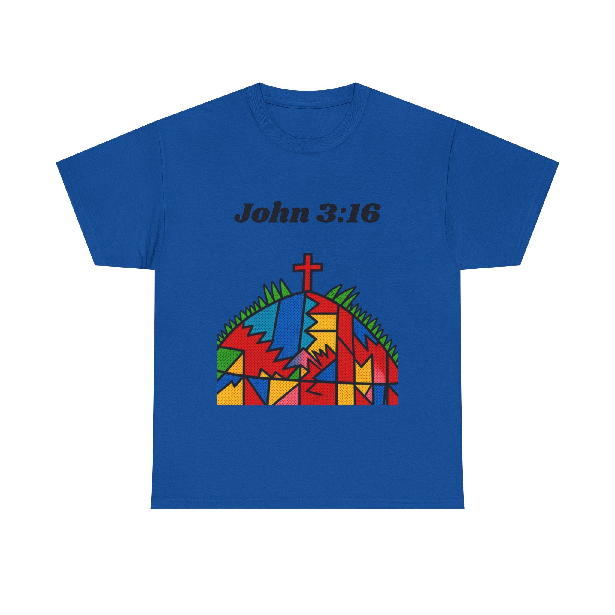 John 3:16 Christian T‑Shirt — Colorful Cross & Hill Faith Tee