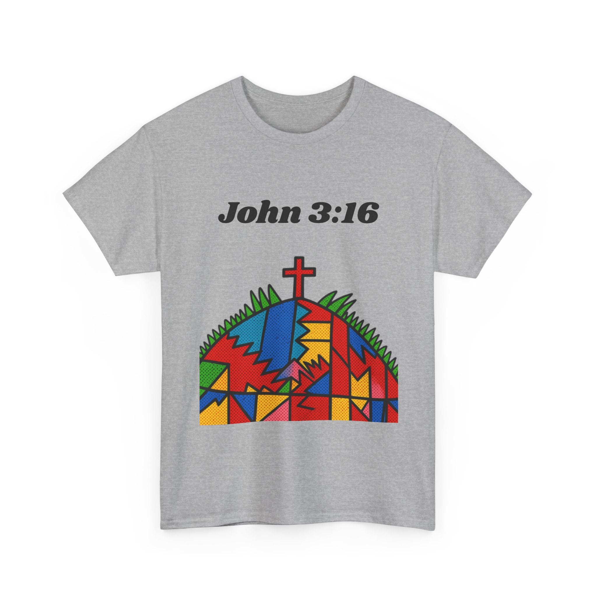 John 3:16 Christian T‑Shirt — Colorful Cross & Hill Faith Tee