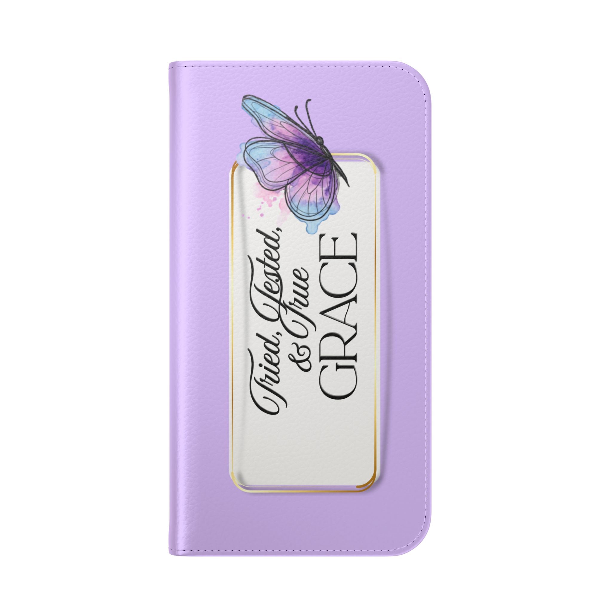 Lavender Flip Phone Case – “Tried, Tested, God’s Given Grace” Wallet Cover
