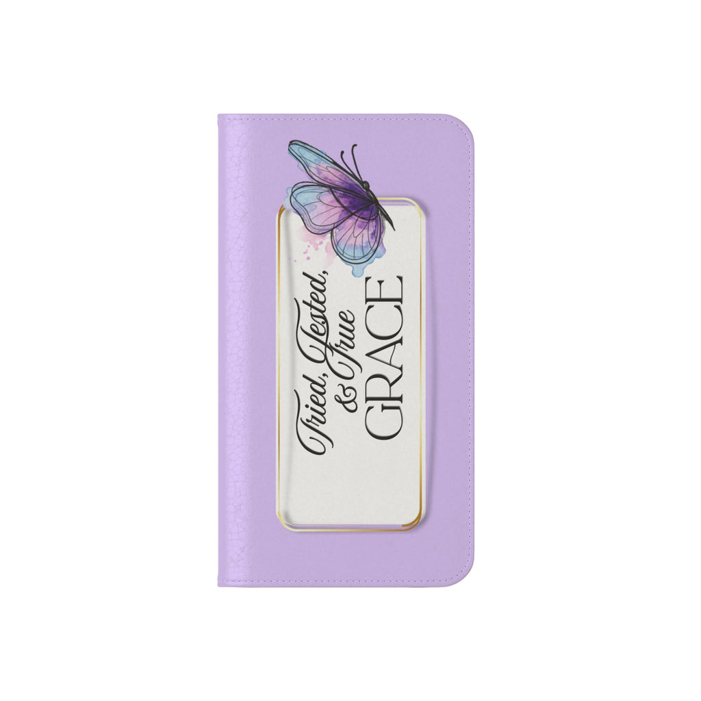 Lavender Flip Phone Case – “Tried, Tested, God’s Given Grace” Wallet Cover