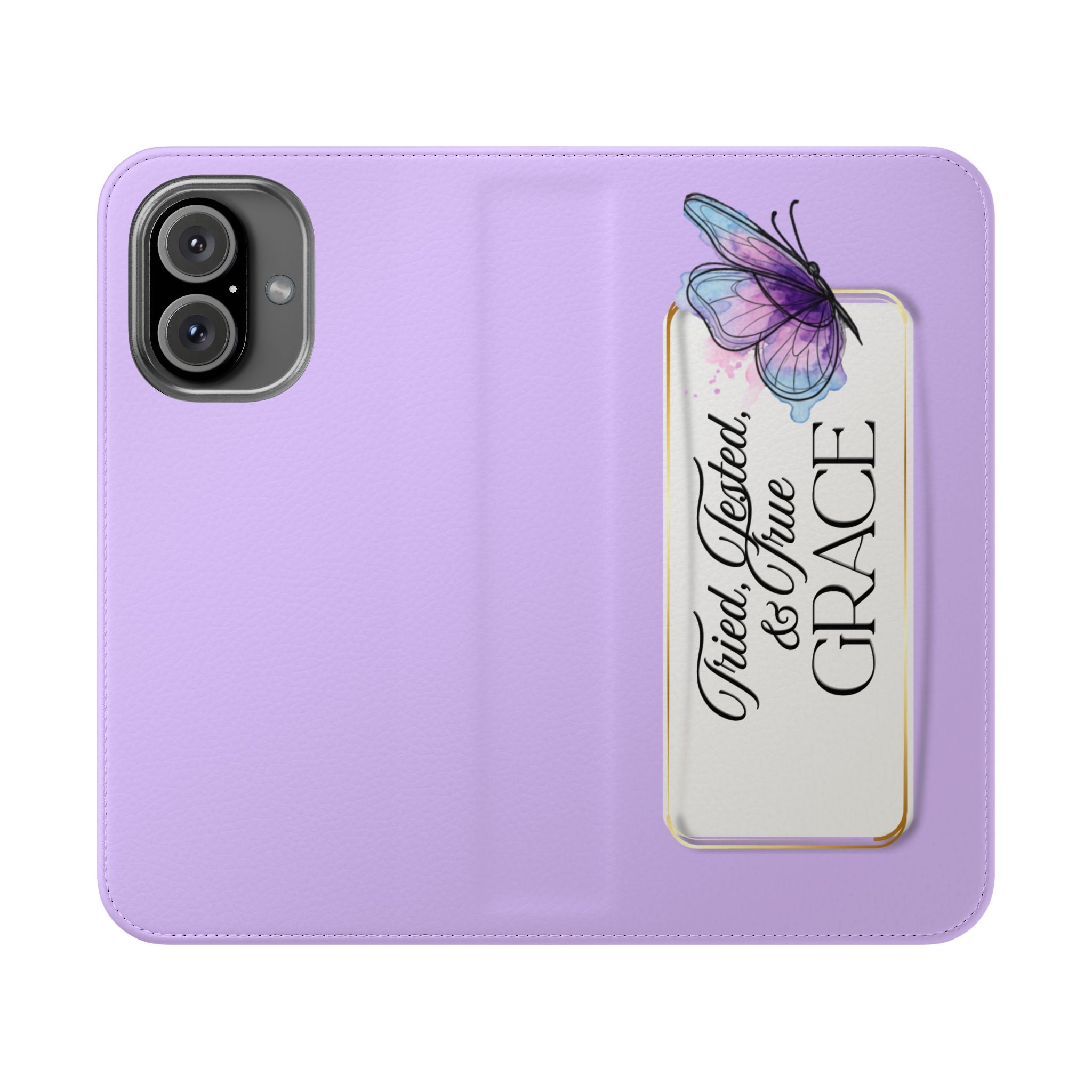 Lavender Flip Phone Case – “Tried, Tested, God’s Given Grace” Wallet Cover