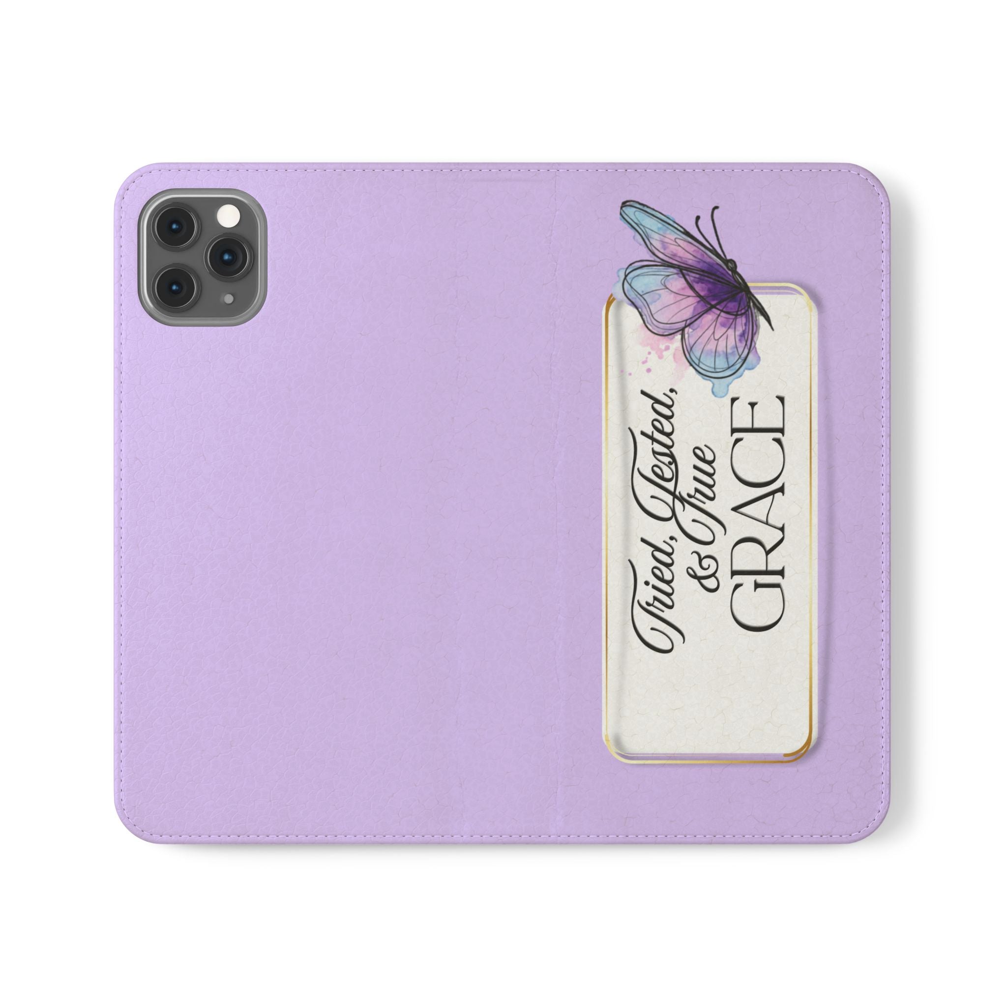 Lavender Flip Phone Case – “Tried, Tested, God’s Given Grace” Wallet Cover