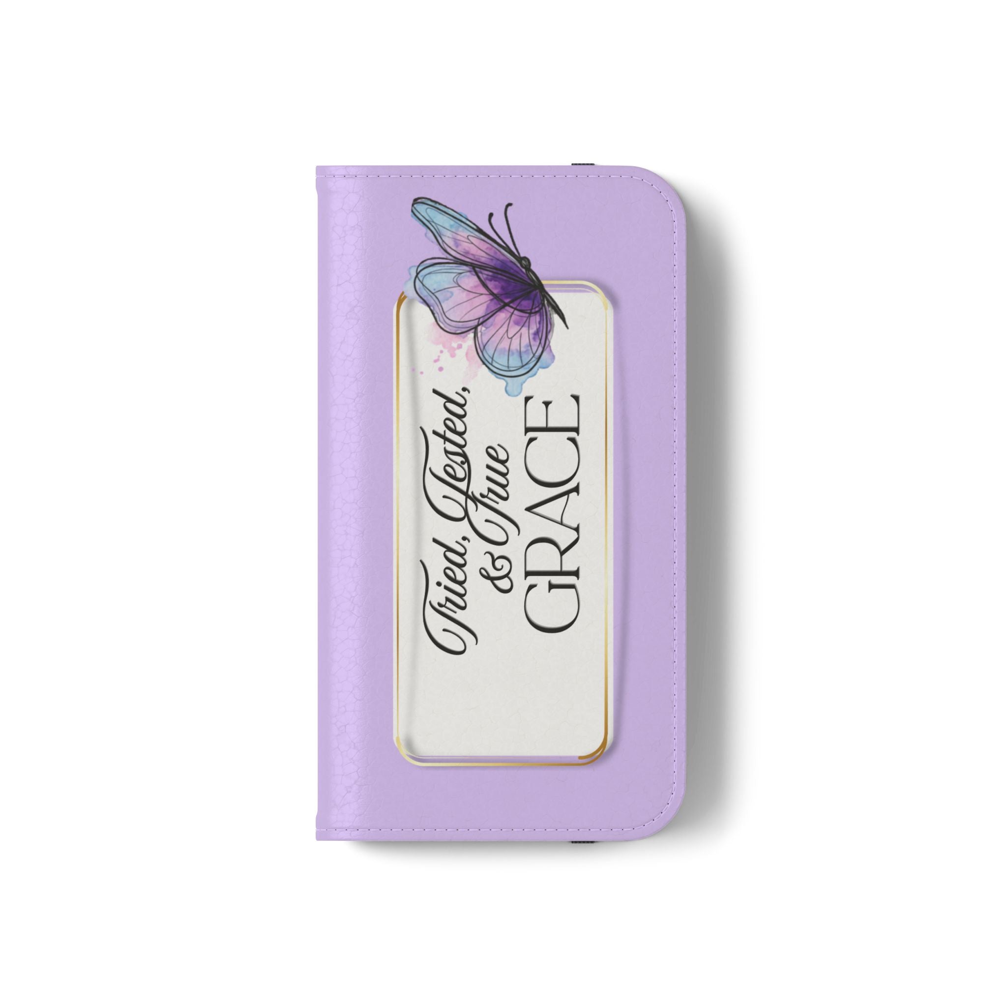 Lavender Flip Phone Case – “Tried, Tested, God’s Given Grace” Wallet Cover