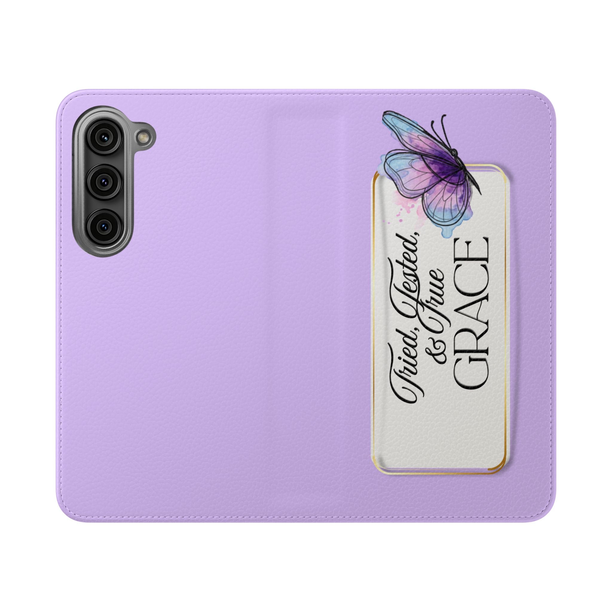 Lavender Flip Phone Case – “Tried, Tested, God’s Given Grace” Wallet Cover