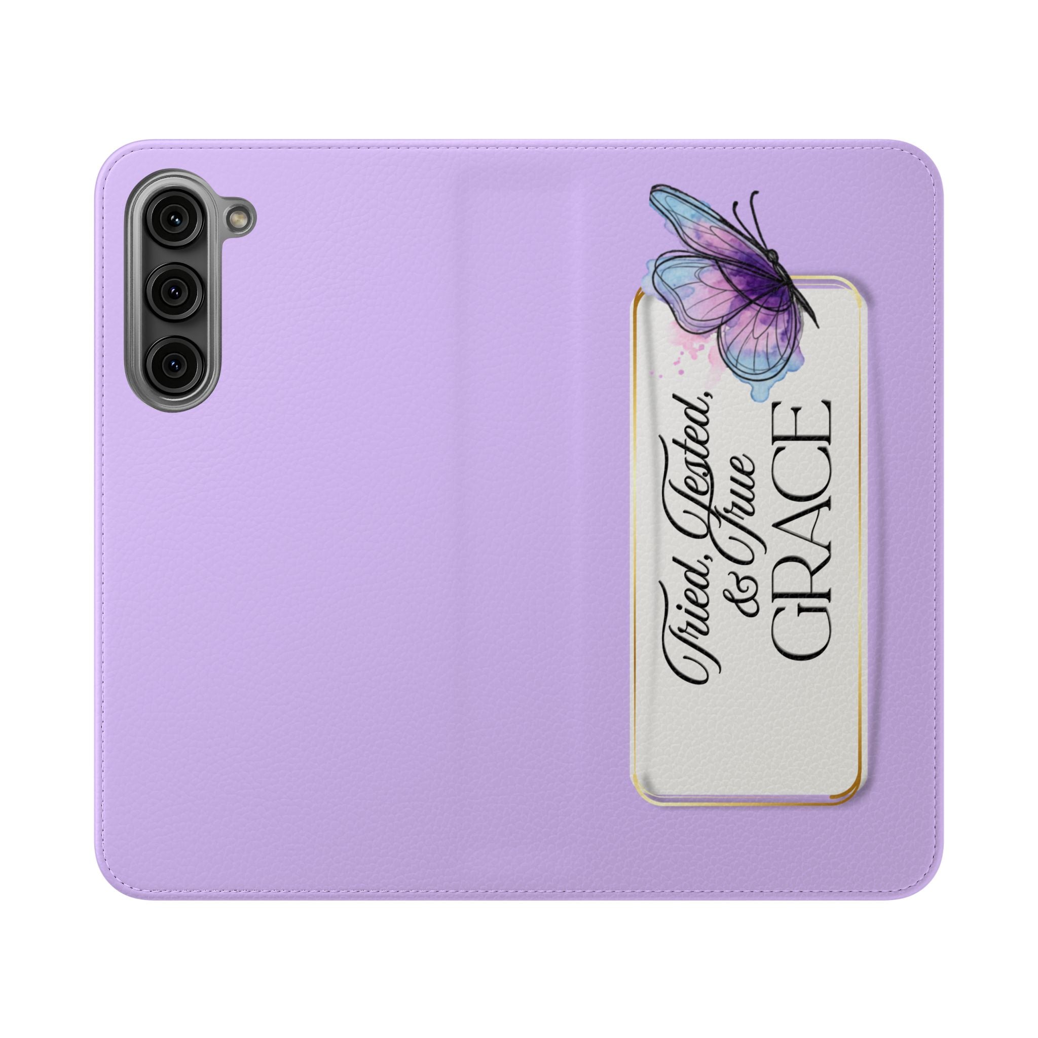 Lavender Flip Phone Case – “Tried, Tested, God’s Given Grace” Wallet Cover