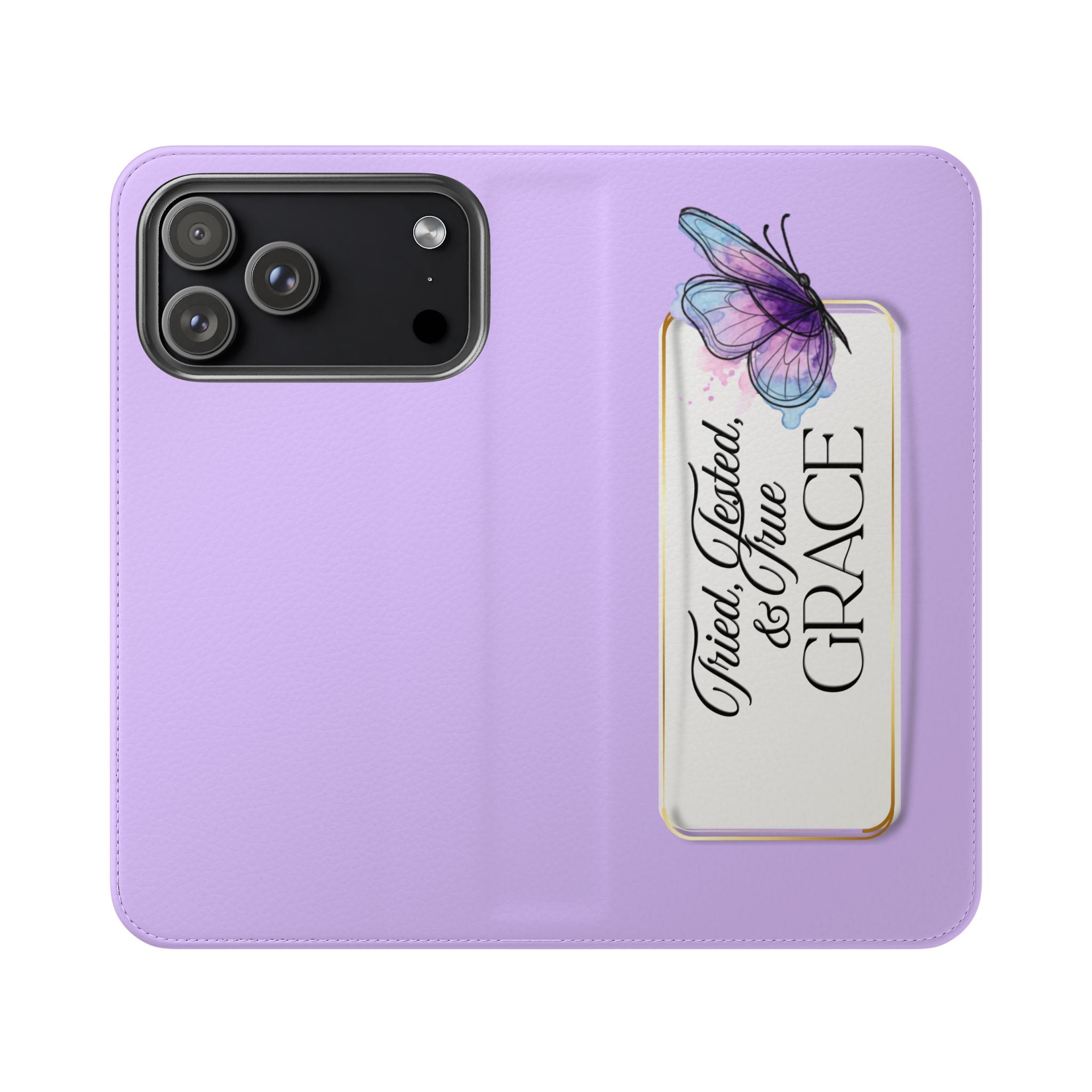 Lavender Flip Phone Case – “Tried, Tested, God’s Given Grace” Wallet Cover