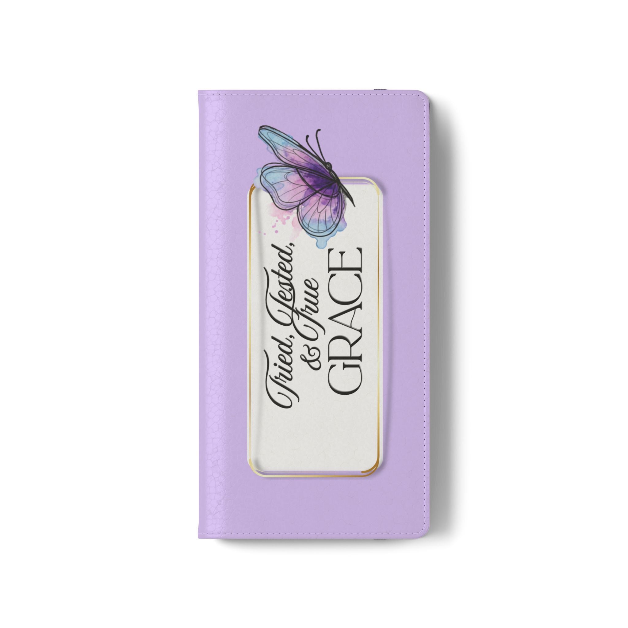 Lavender Flip Phone Case – “Tried, Tested, God’s Given Grace” Wallet Cover