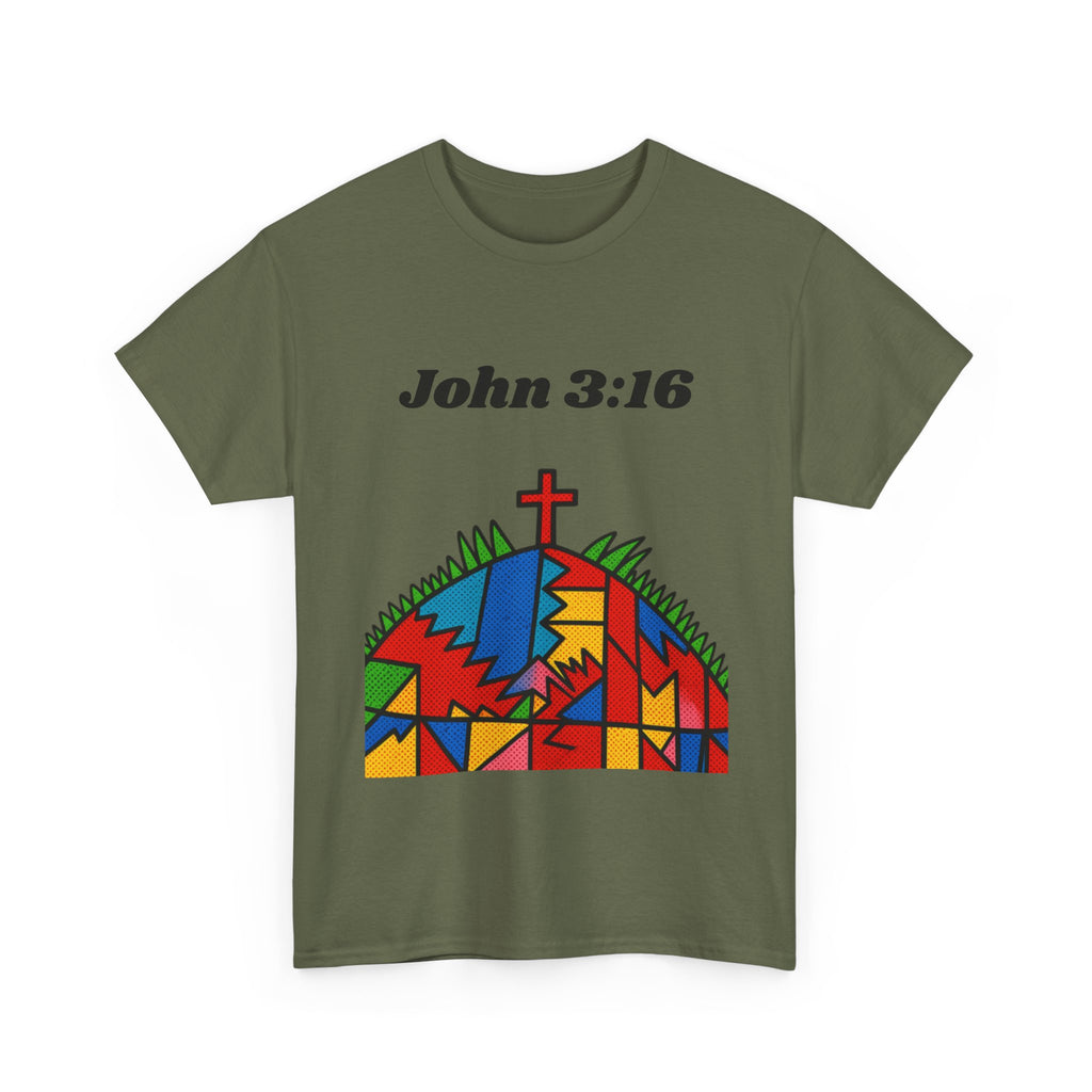John 3:16 Christian T‑Shirt — Colorful Cross & Hill Faith Tee