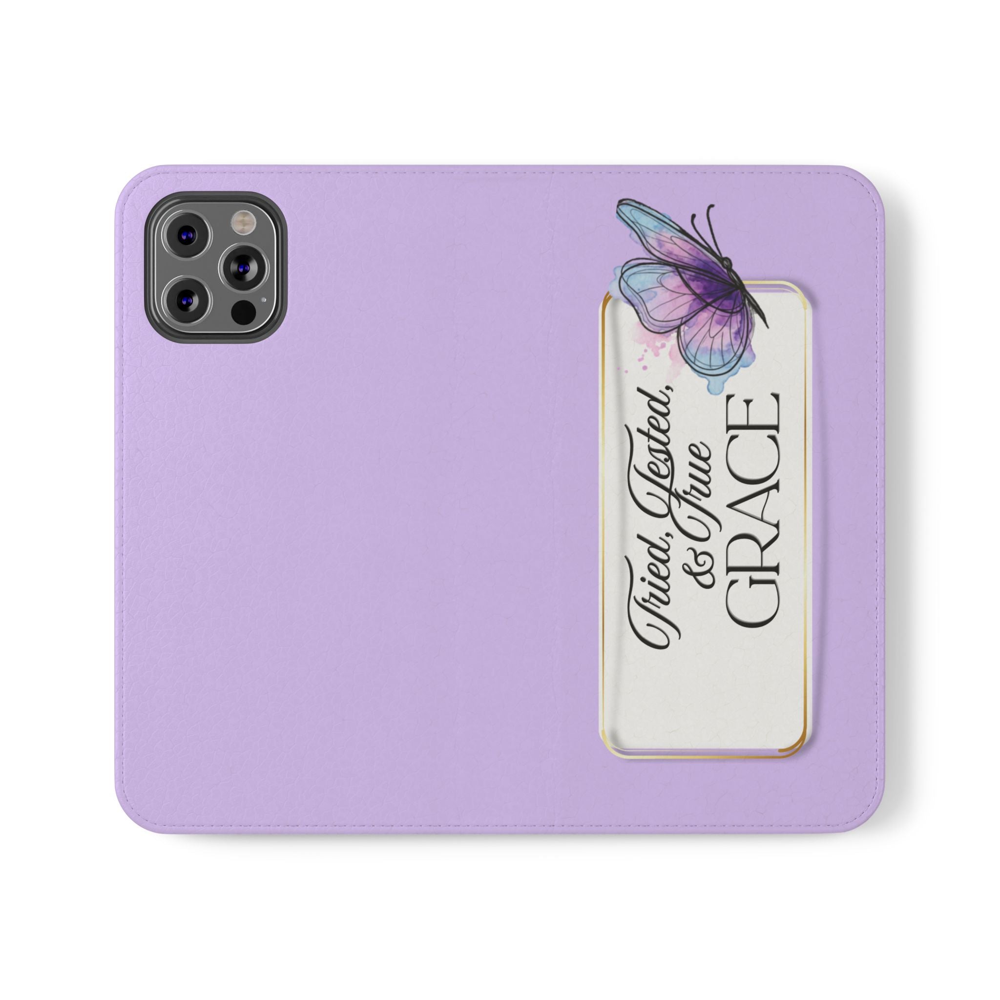 Lavender Flip Phone Case – “Tried, Tested, God’s Given Grace” Wallet Cover