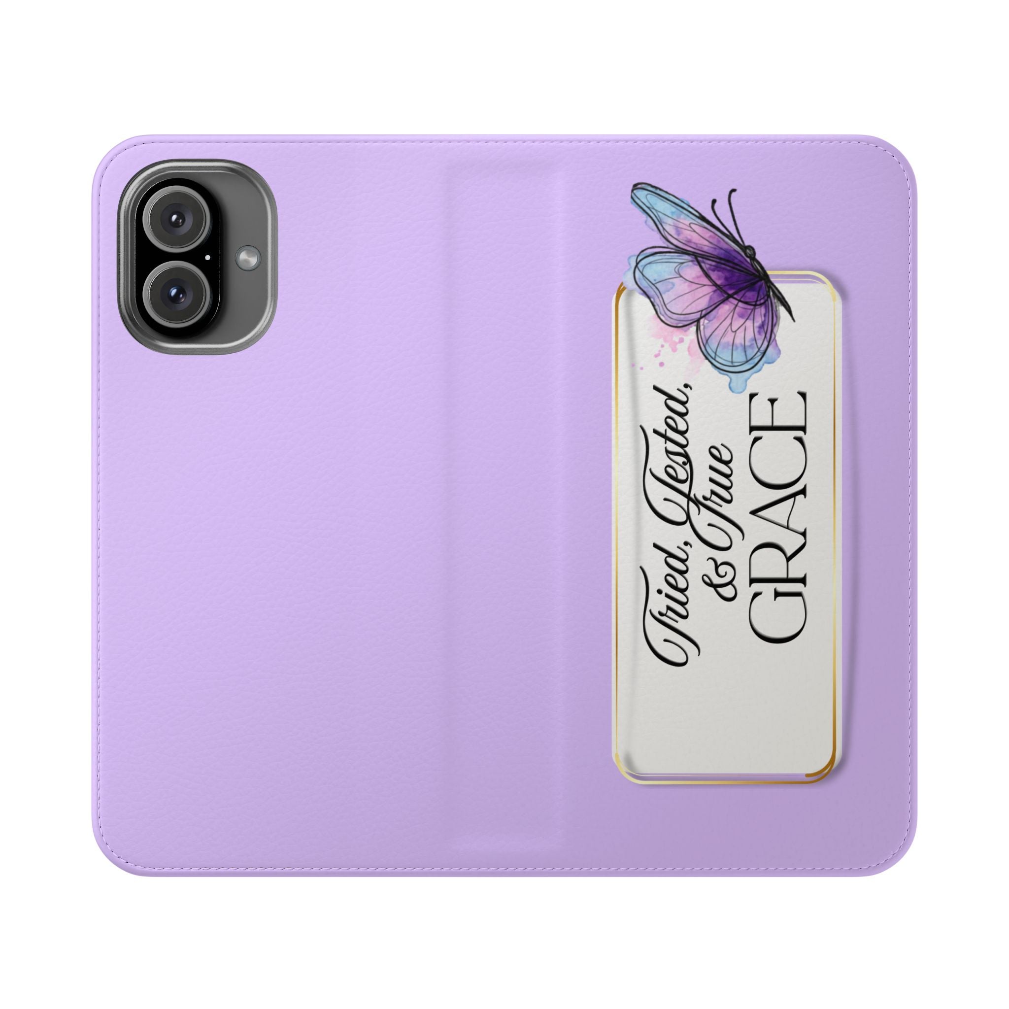 Lavender Flip Phone Case – “Tried, Tested, God’s Given Grace” Wallet Cover