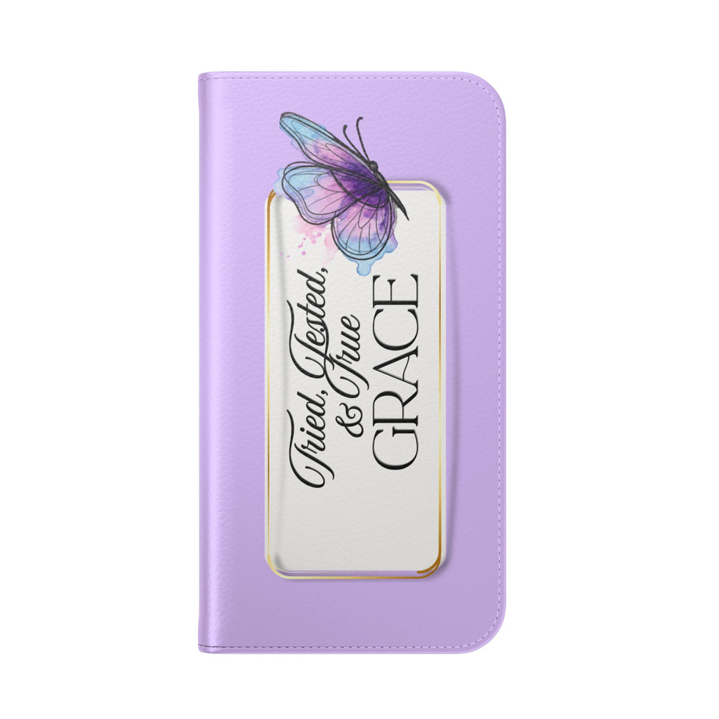 Lavender Flip Phone Case – “Tried, Tested, God’s Given Grace” Wallet Cover
