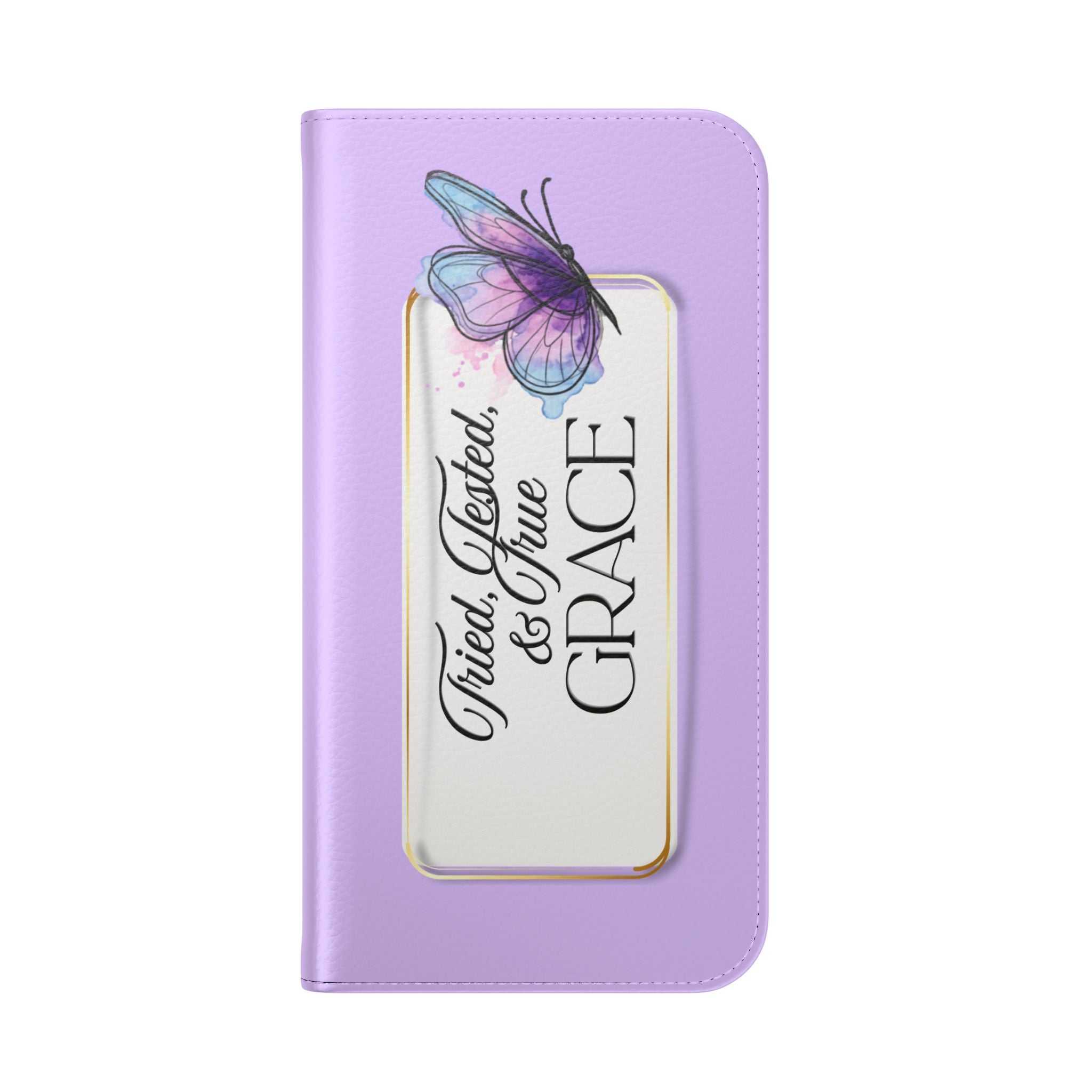 Lavender Flip Phone Case – “Tried, Tested, God’s Given Grace” Wallet Cover