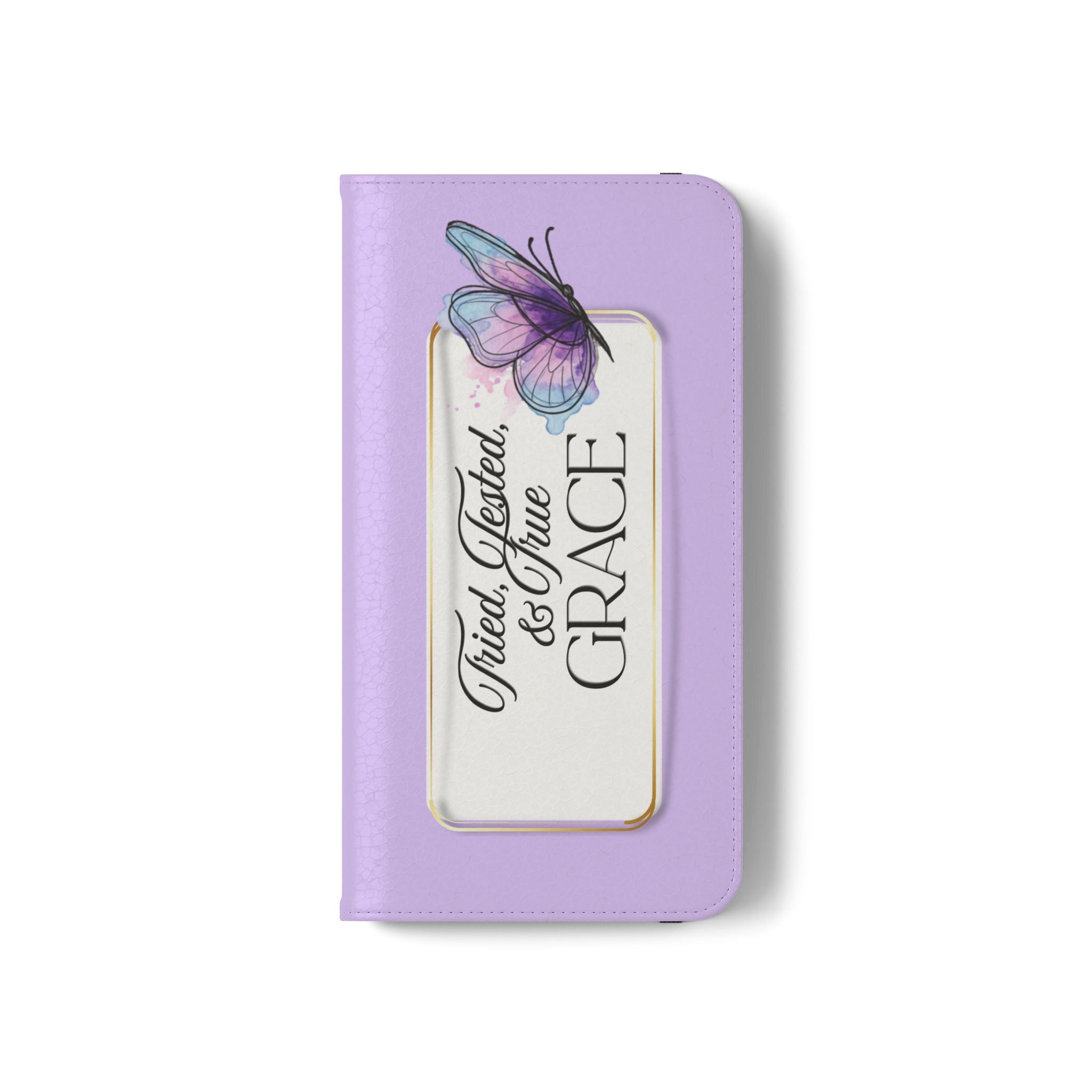 Lavender Flip Phone Case – “Tried, Tested, God’s Given Grace” Wallet Cover