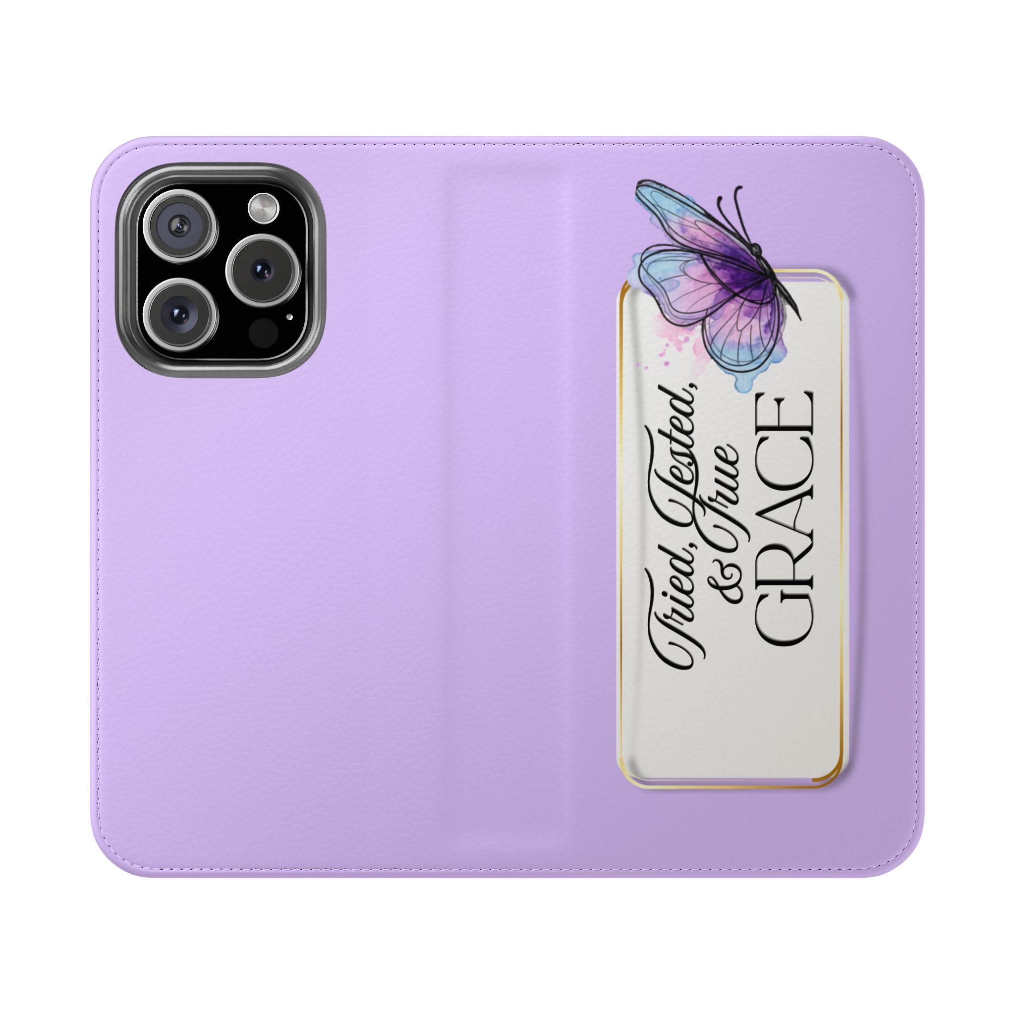 Lavender Flip Phone Case – “Tried, Tested, God’s Given Grace” Wallet Cover
