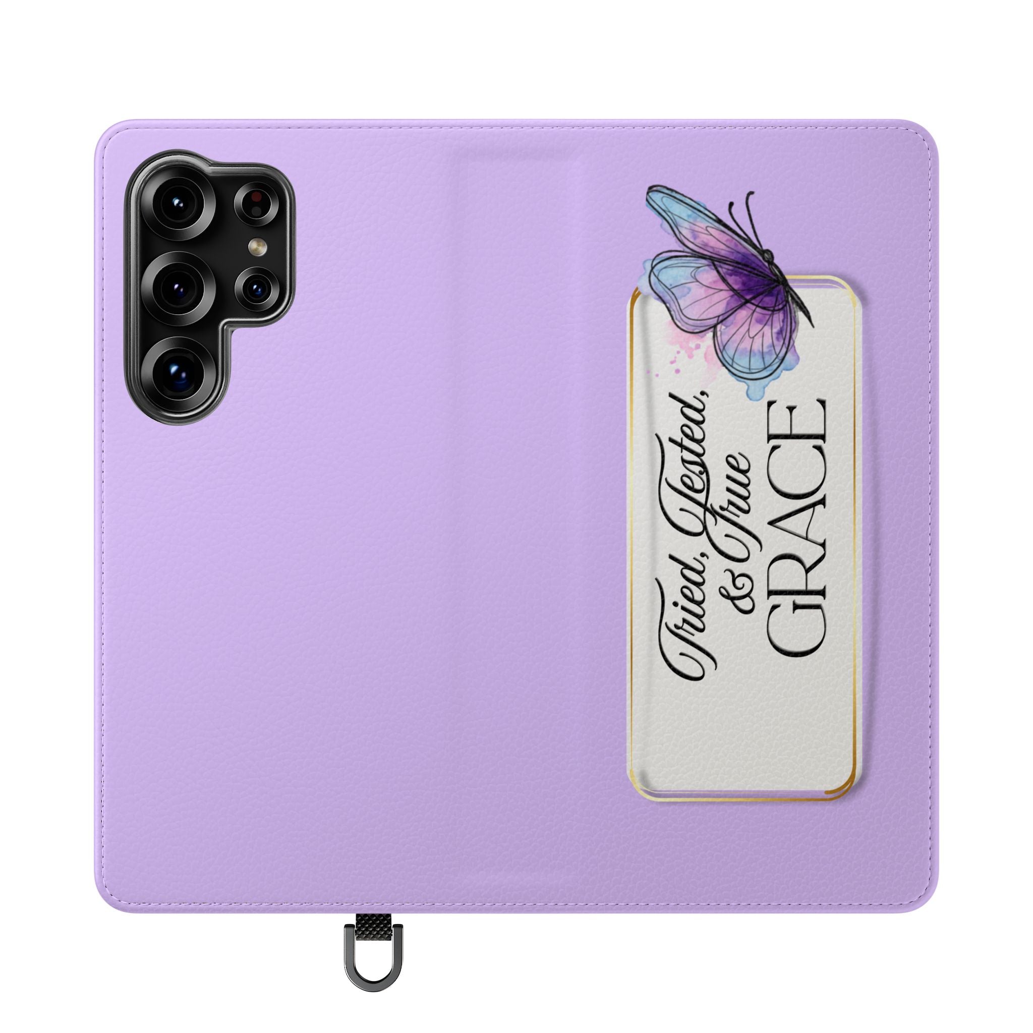 Lavender Flip Phone Case – “Tried, Tested, God’s Given Grace” Wallet Cover