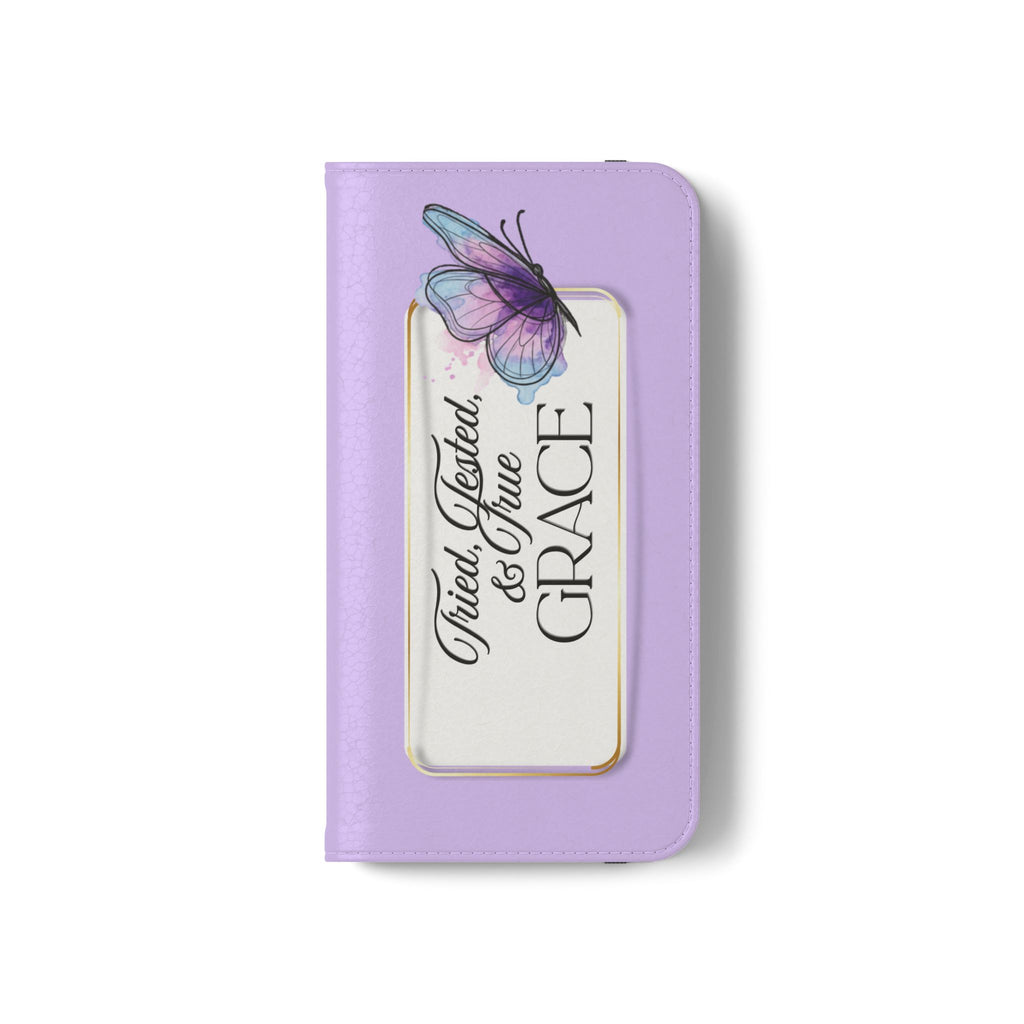 Lavender Flip Phone Case – “Tried, Tested, God’s Given Grace” Wallet Cover