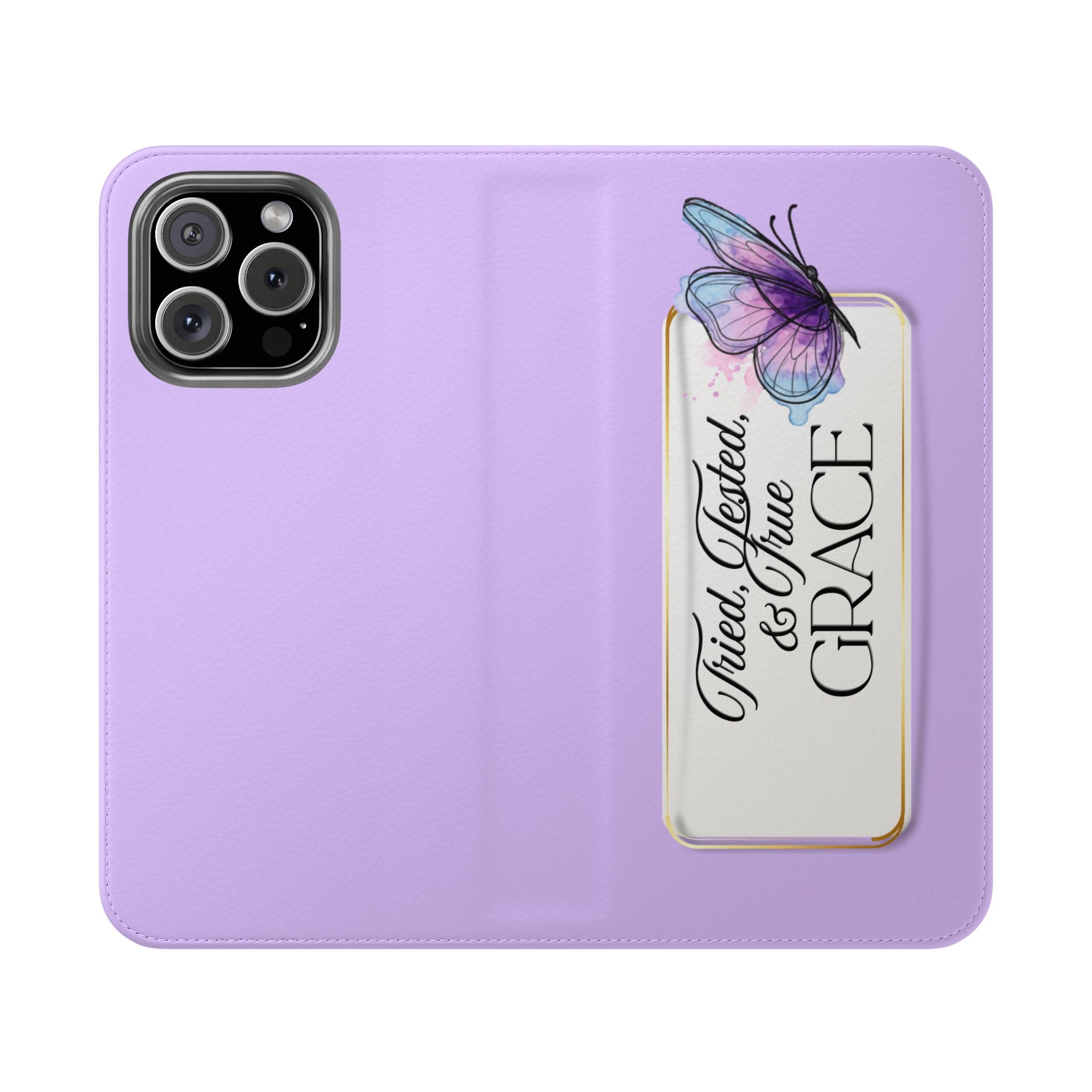 Lavender Flip Phone Case – “Tried, Tested, God’s Given Grace” Wallet Cover