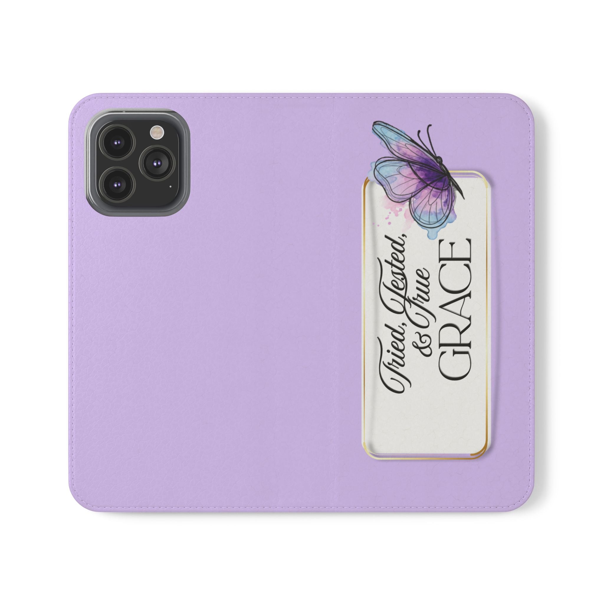 Lavender Flip Phone Case – “Tried, Tested, God’s Given Grace” Wallet Cover