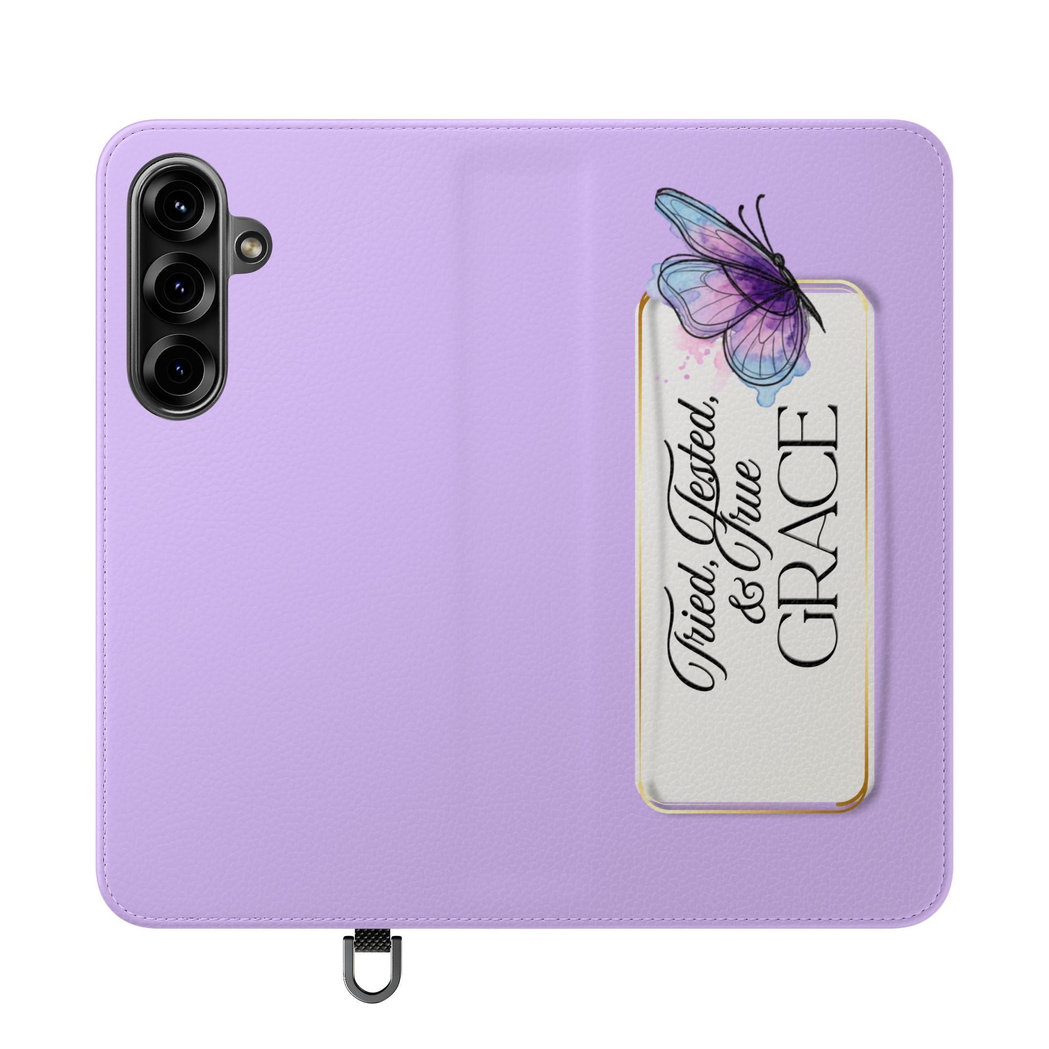 Lavender Flip Phone Case – “Tried, Tested, God’s Given Grace” Wallet Cover