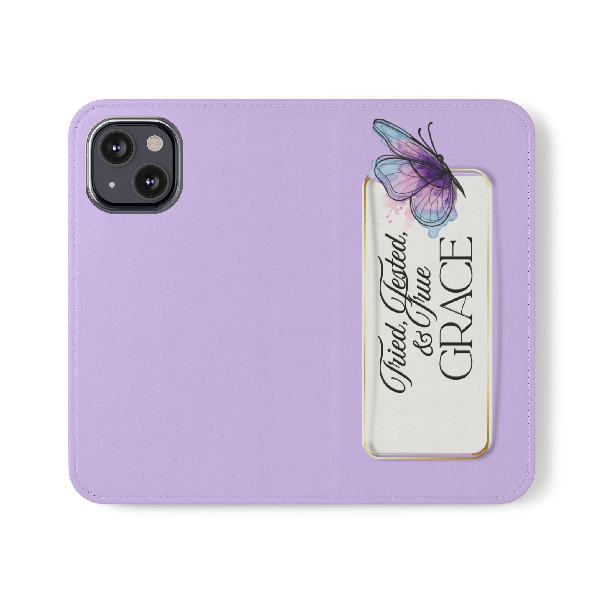 Lavender Flip Phone Case – “Tried, Tested, God’s Given Grace” Wallet Cover