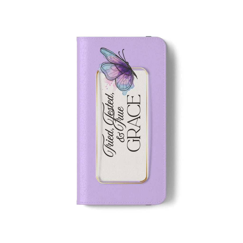 Lavender Flip Phone Case – “Tried, Tested, God’s Given Grace” Wallet Cover
