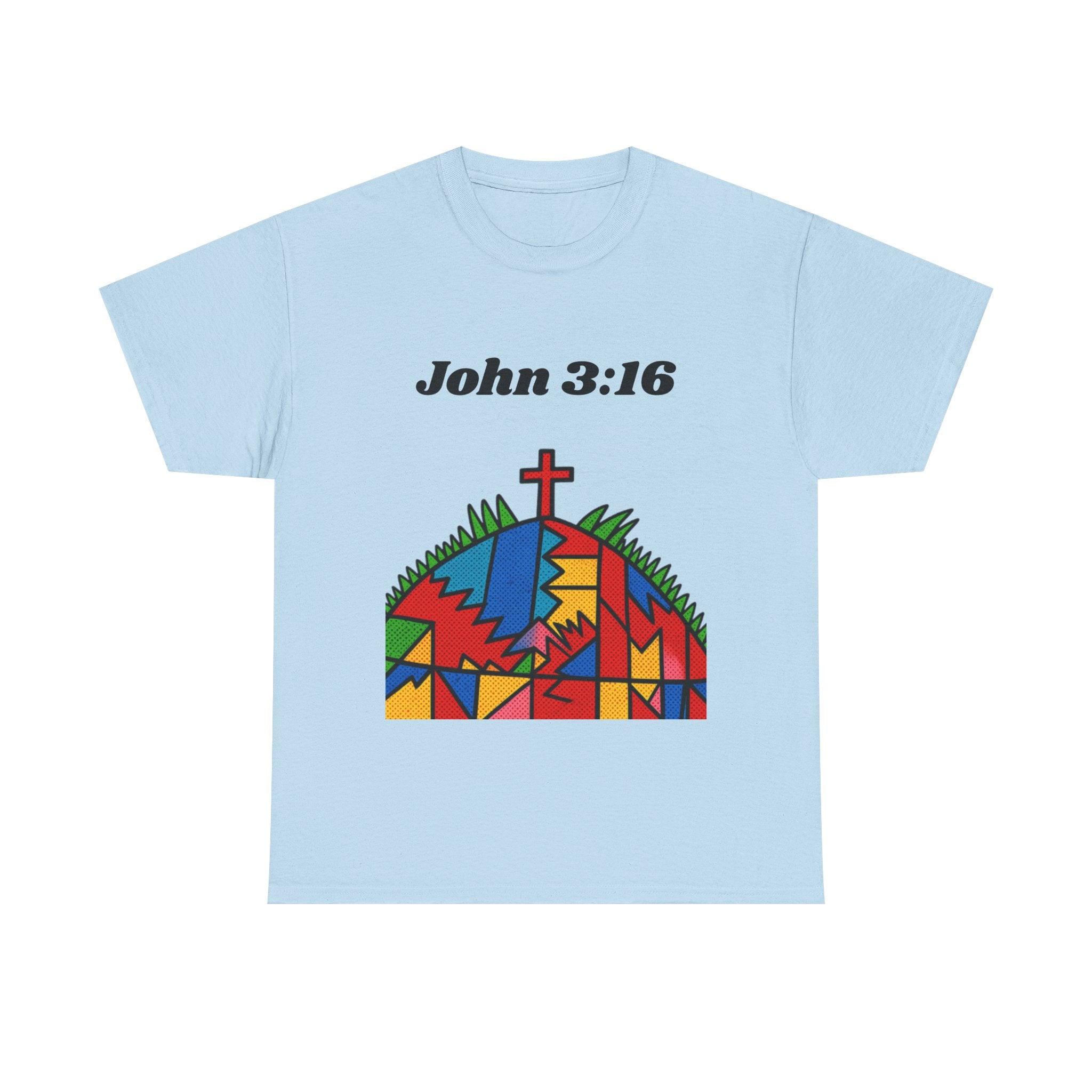 John 3:16 Christian T‑Shirt — Colorful Cross & Hill Faith Tee