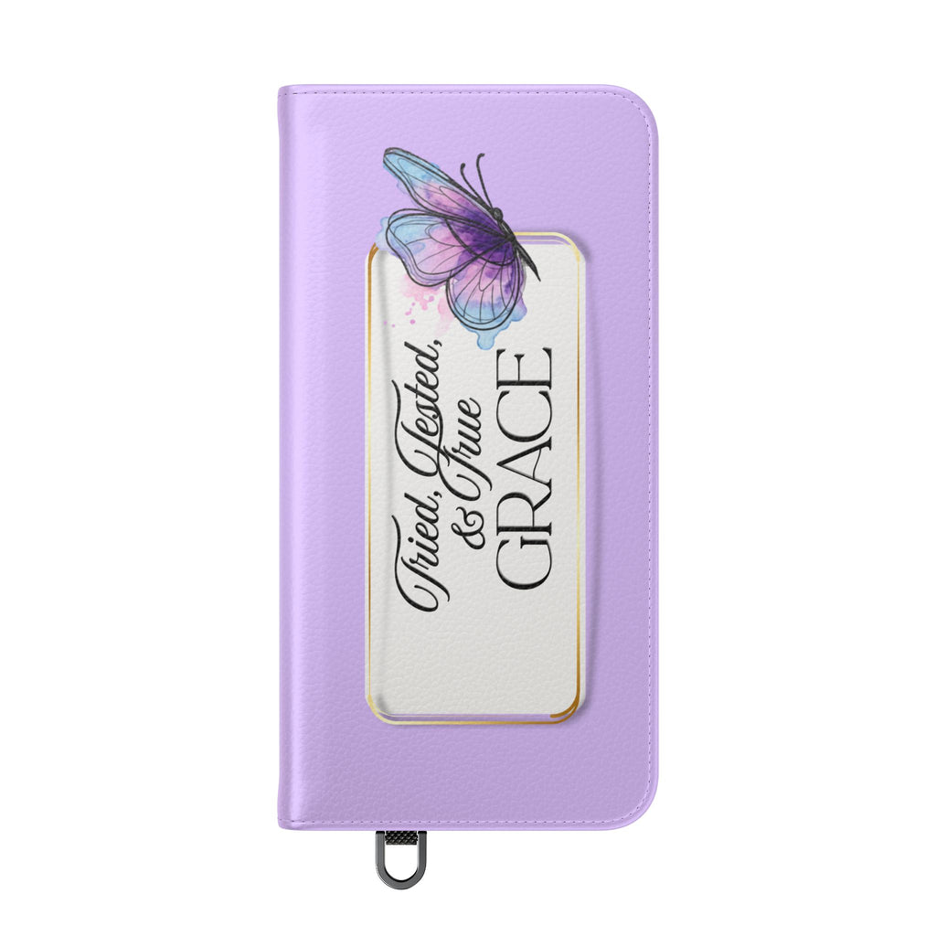 Lavender Flip Phone Case – “Tried, Tested, God’s Given Grace” Wallet Cover