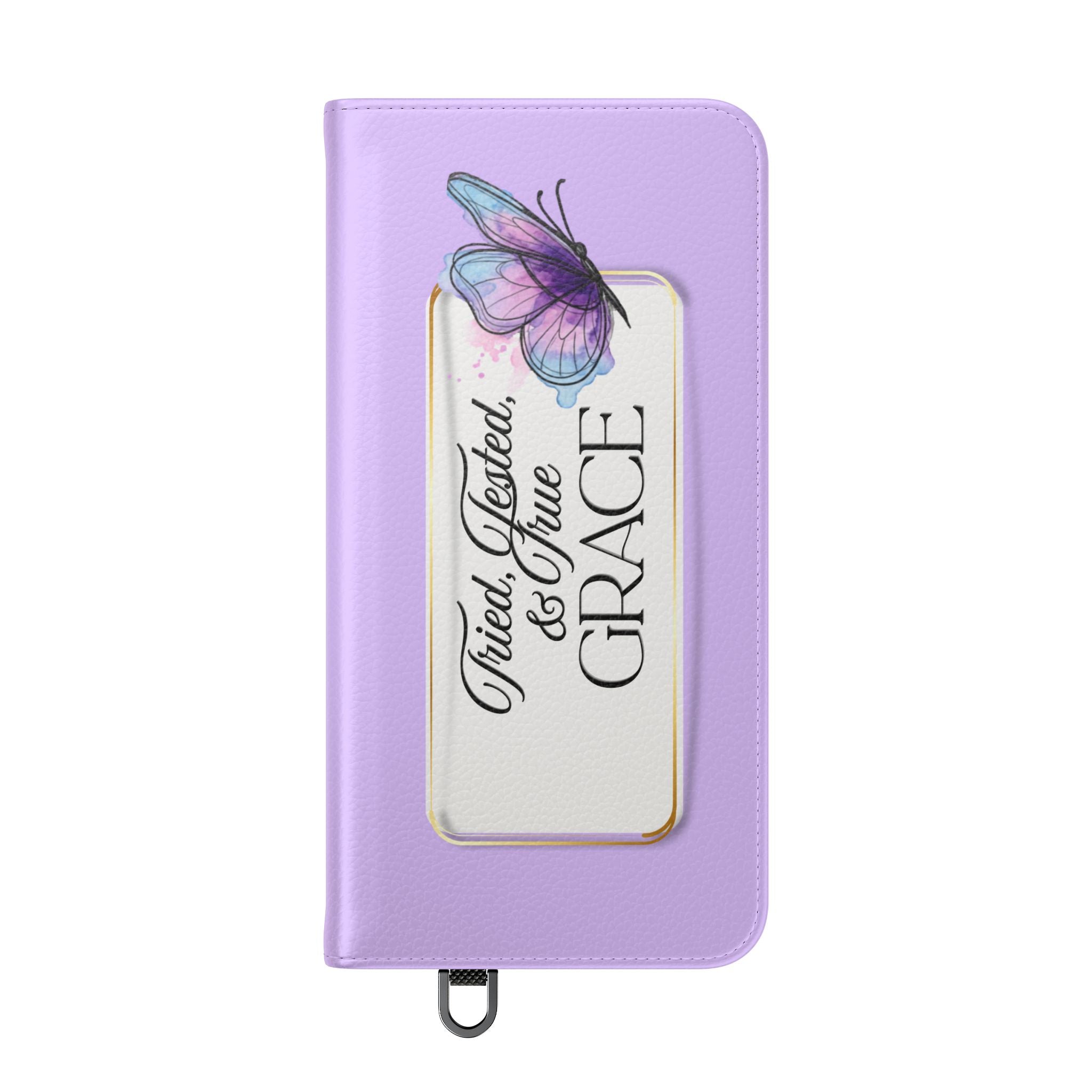 Lavender Flip Phone Case – “Tried, Tested, God’s Given Grace” Wallet Cover