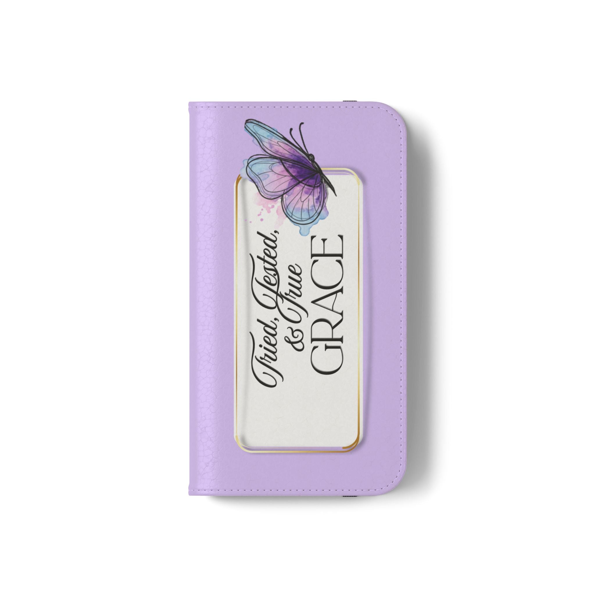 Lavender Flip Phone Case – “Tried, Tested, God’s Given Grace” Wallet Cover